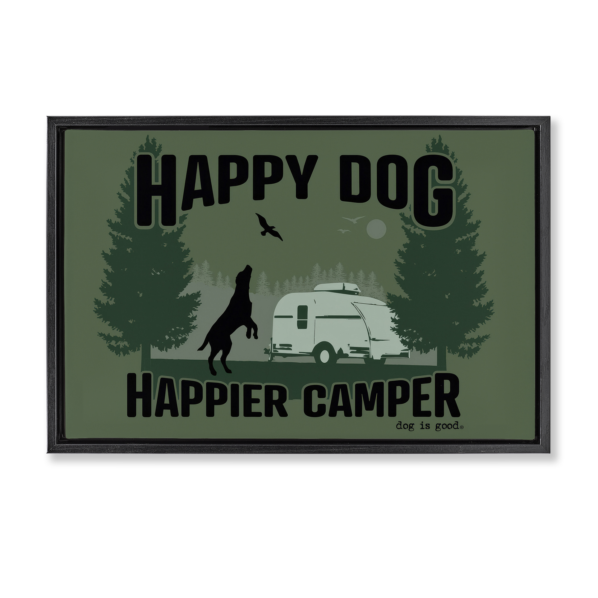 Stupell Industries Happier Camper with Dog Animals Painting Black Floater Framed Canvas Art Print Wall Art, 31 x 21