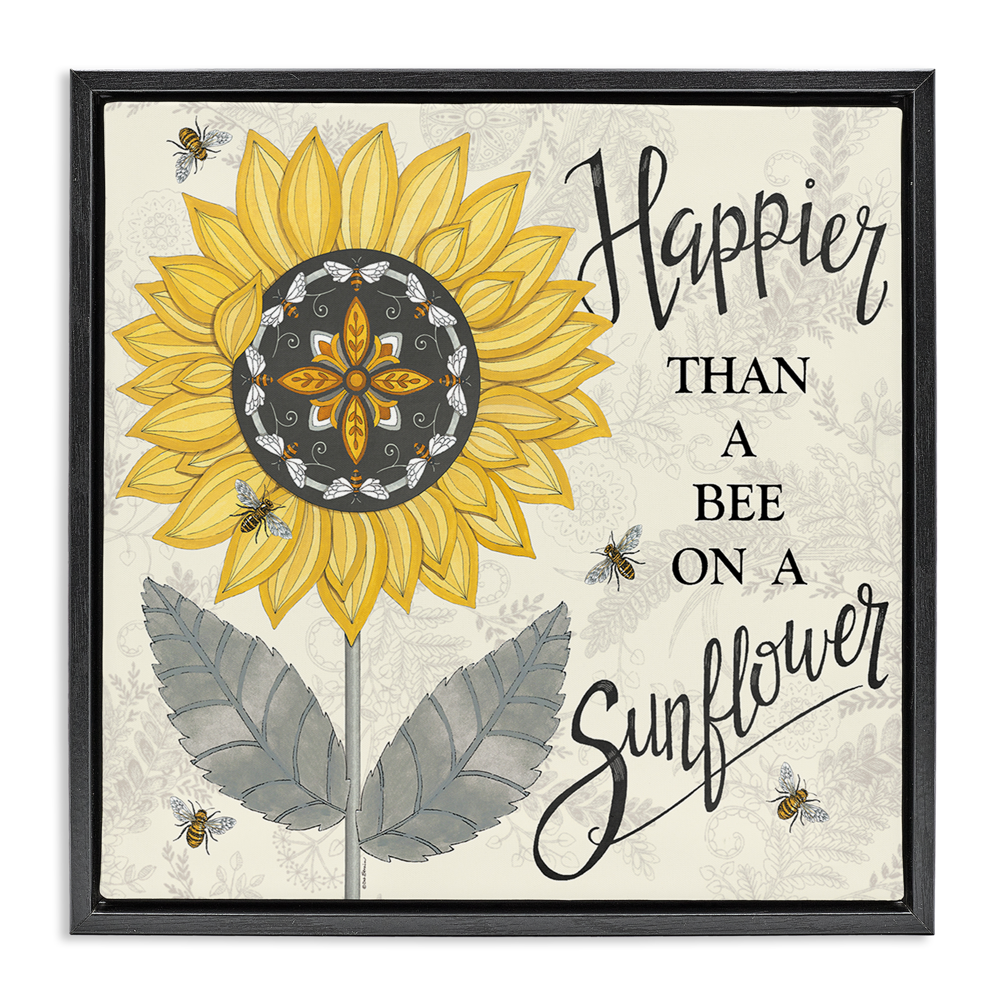 Stupell Industries Happier Than Bee & Sunflower Plants & Flowers Painting Black Floater Framed Canvas Art Print Wall Art, 18 x 18