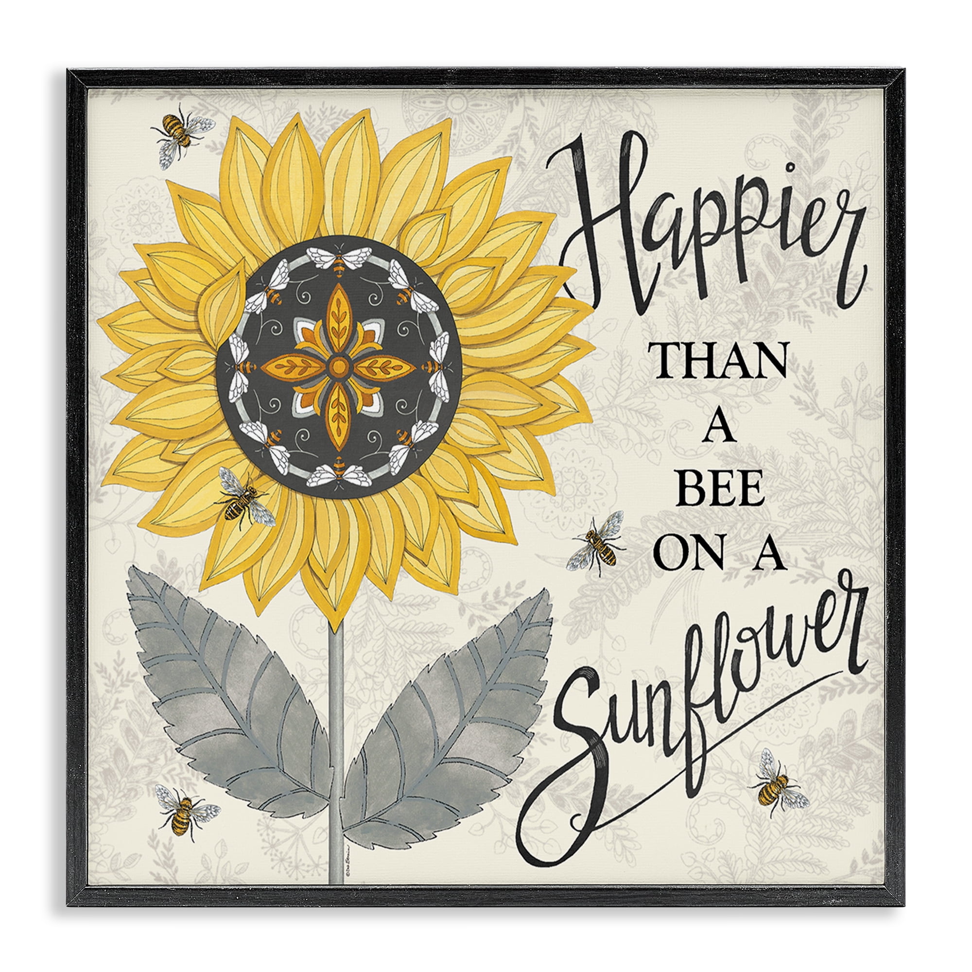 Stupell Industries Happier Than Bee & Sunflower Plants & Flowers Painting Black Framed Art Print Wall Art, 17 x 17