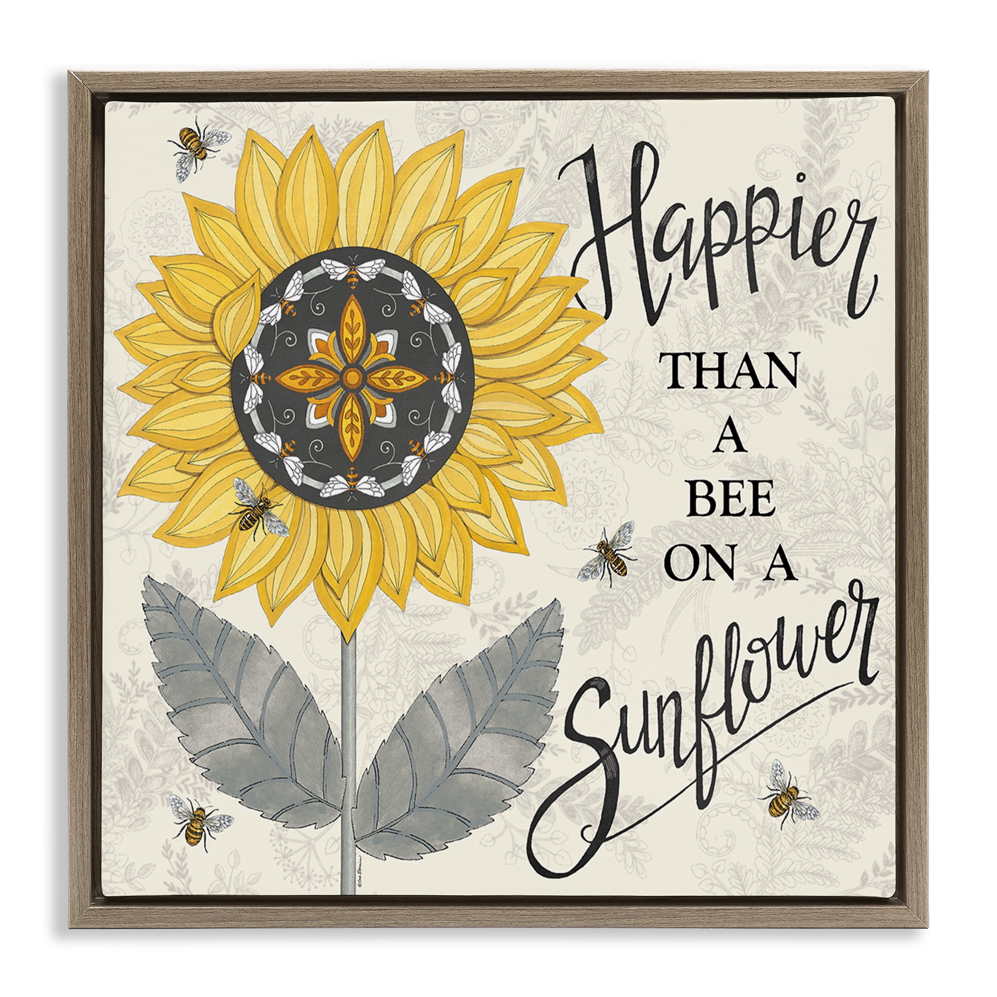 Stupell Industries Happier Than Bee & Sunflower Plants & Flowers Painting Brown Floater Framed Canvas Art Print Wall Art, 18 x 18