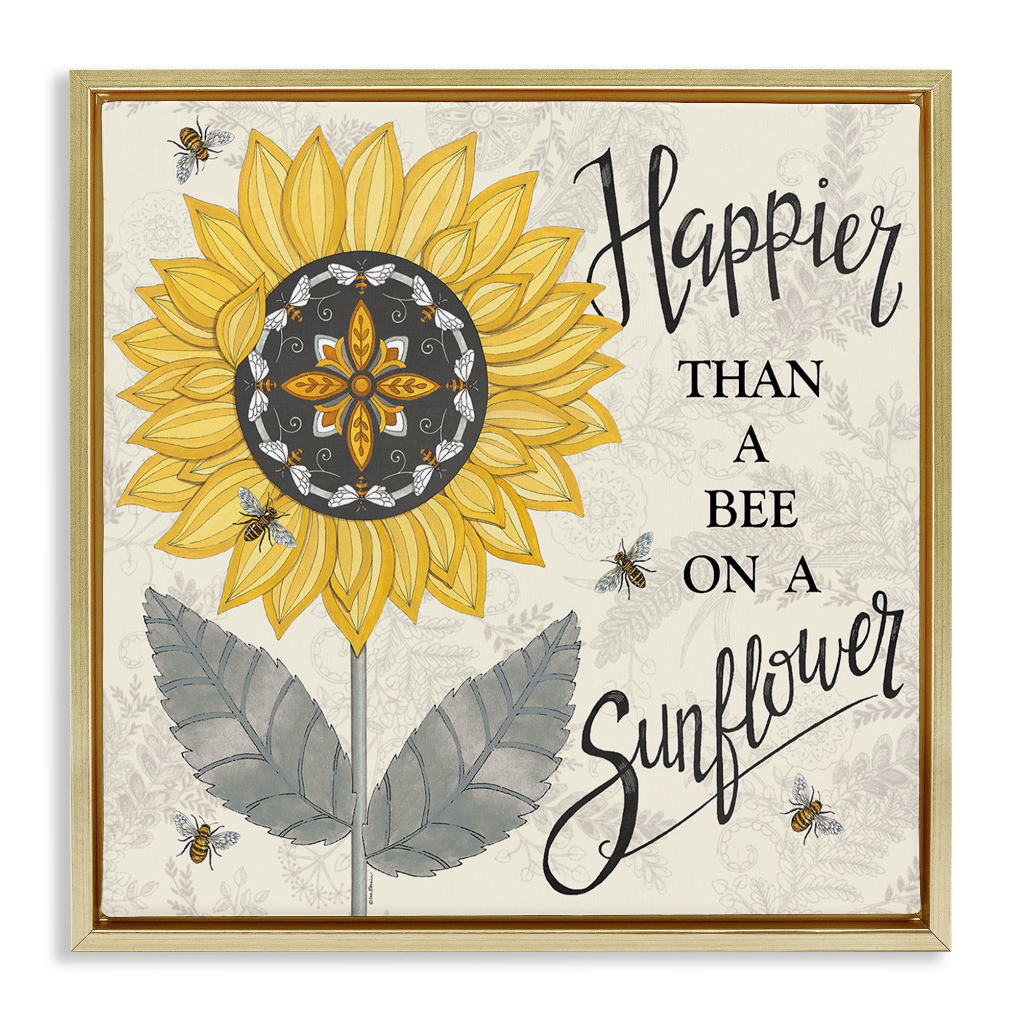 Stupell Industries Happier Than Bee & Sunflower Plants & Flowers Painting Gold Floater Framed Canvas Art Print Wall Art, 25 x 25