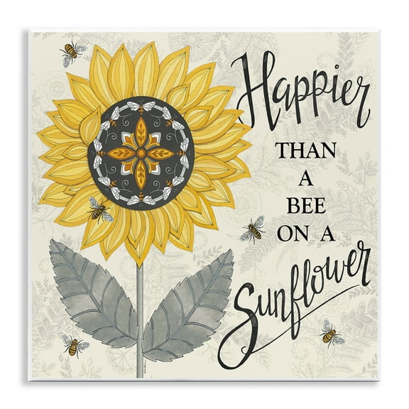 Stupell Industries Happier Than Bee & Sunflower Plants & Flowers Painting Unframed Art Print Wall Art, 12 x 12