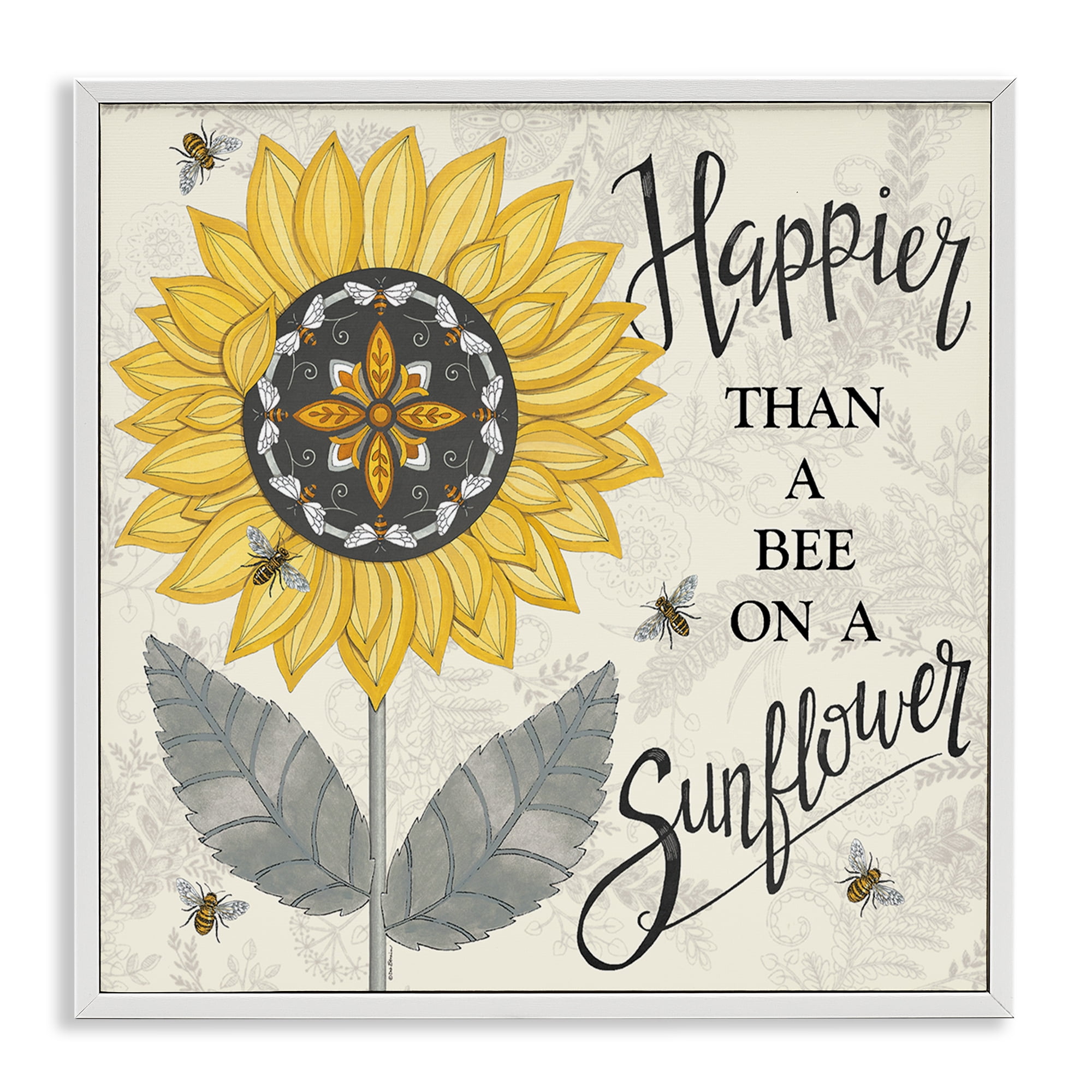 Stupell Industries Happier Than Bee & Sunflower Plants & Flowers Painting White Framed Art Print Wall Art, 12 x 12