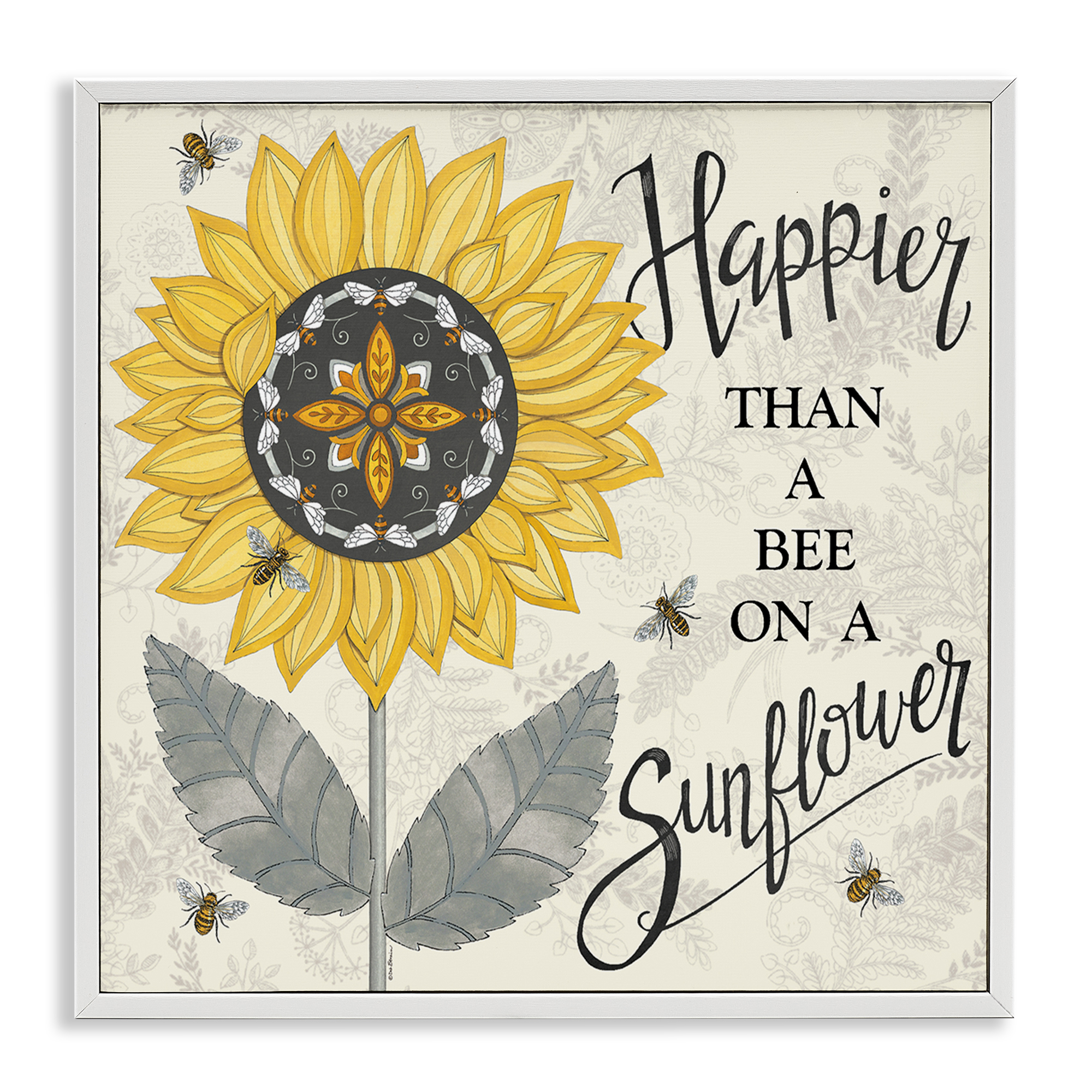 Stupell Industries Happier Than Bee & Sunflower Plants & Flowers Painting White Framed Art Print Wall Art, 24 x 24