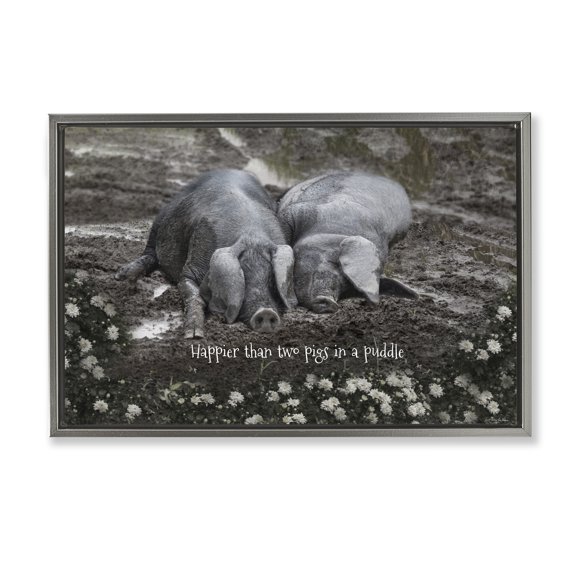 Stupell Industries Happier Than Two Pigs In Puddle Gray Framed Floater Canvas Wall Art, design by Robin-Lee Viera