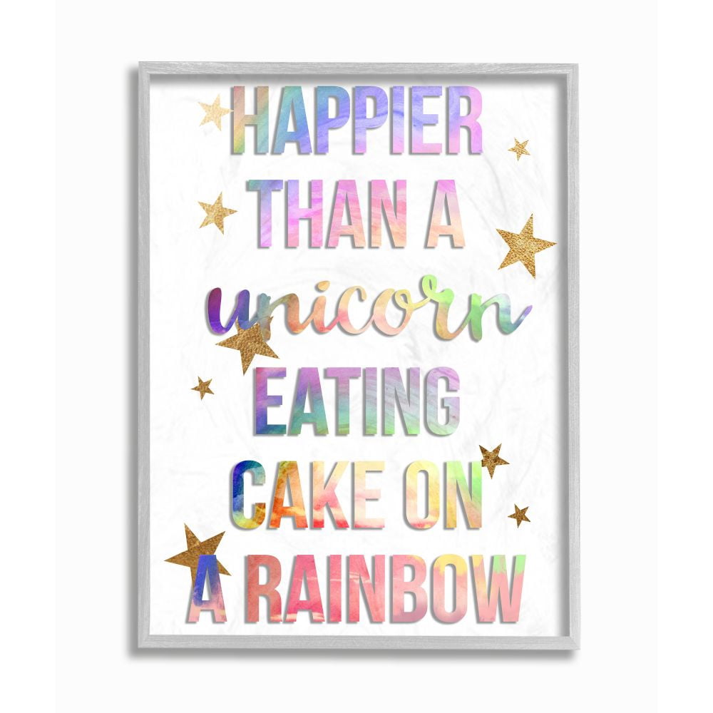 Stupell Industries Happier Than Unicorn Eating Cake on Rainbow Quote Framed Wall Art Design by Daphne Polselli, 11" x 14", Gray Framed
