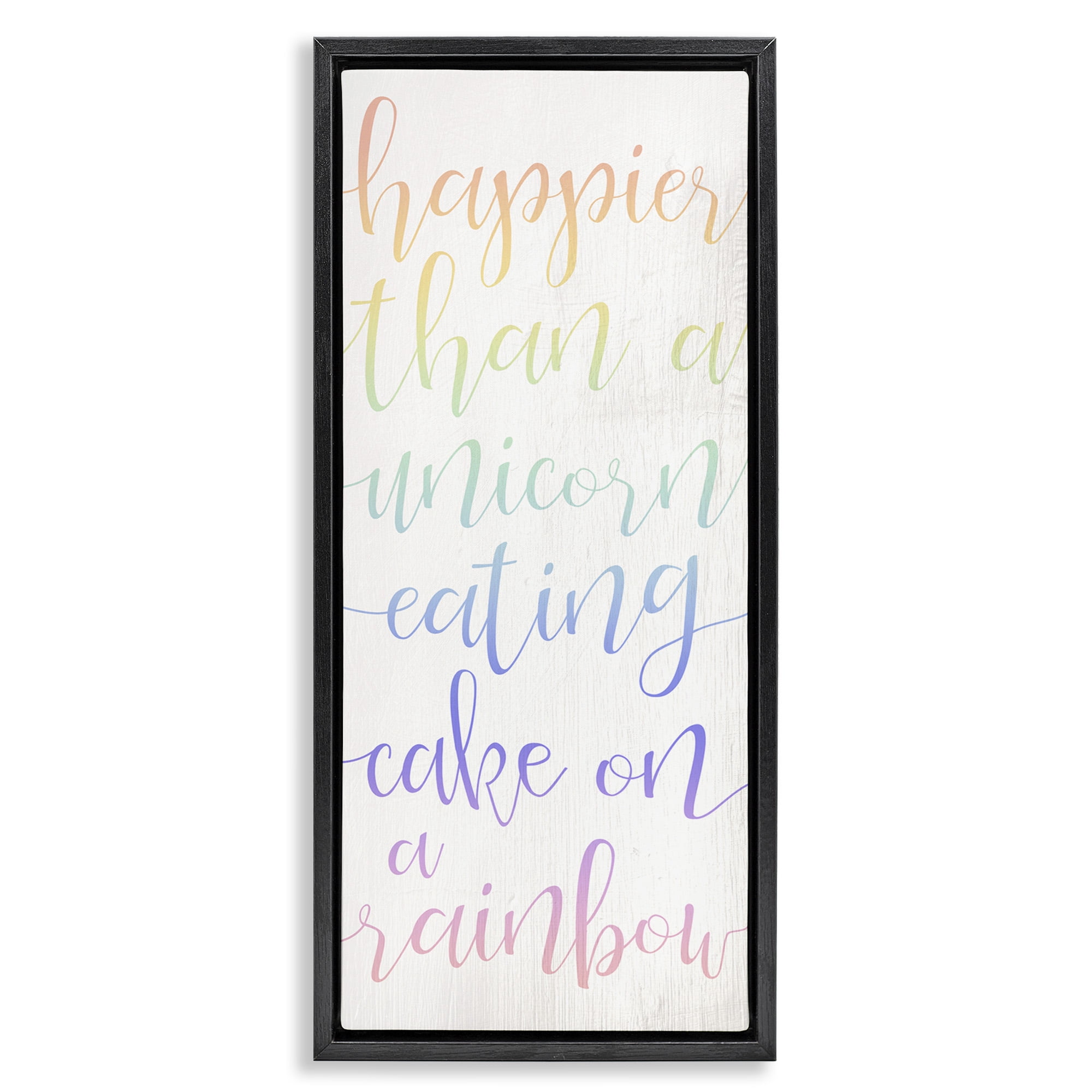 Stupell Industries Happier Than Unicorn Humor Typography Painting Black Floater Framed Canvas Art Print Wall Art, 11 x 25