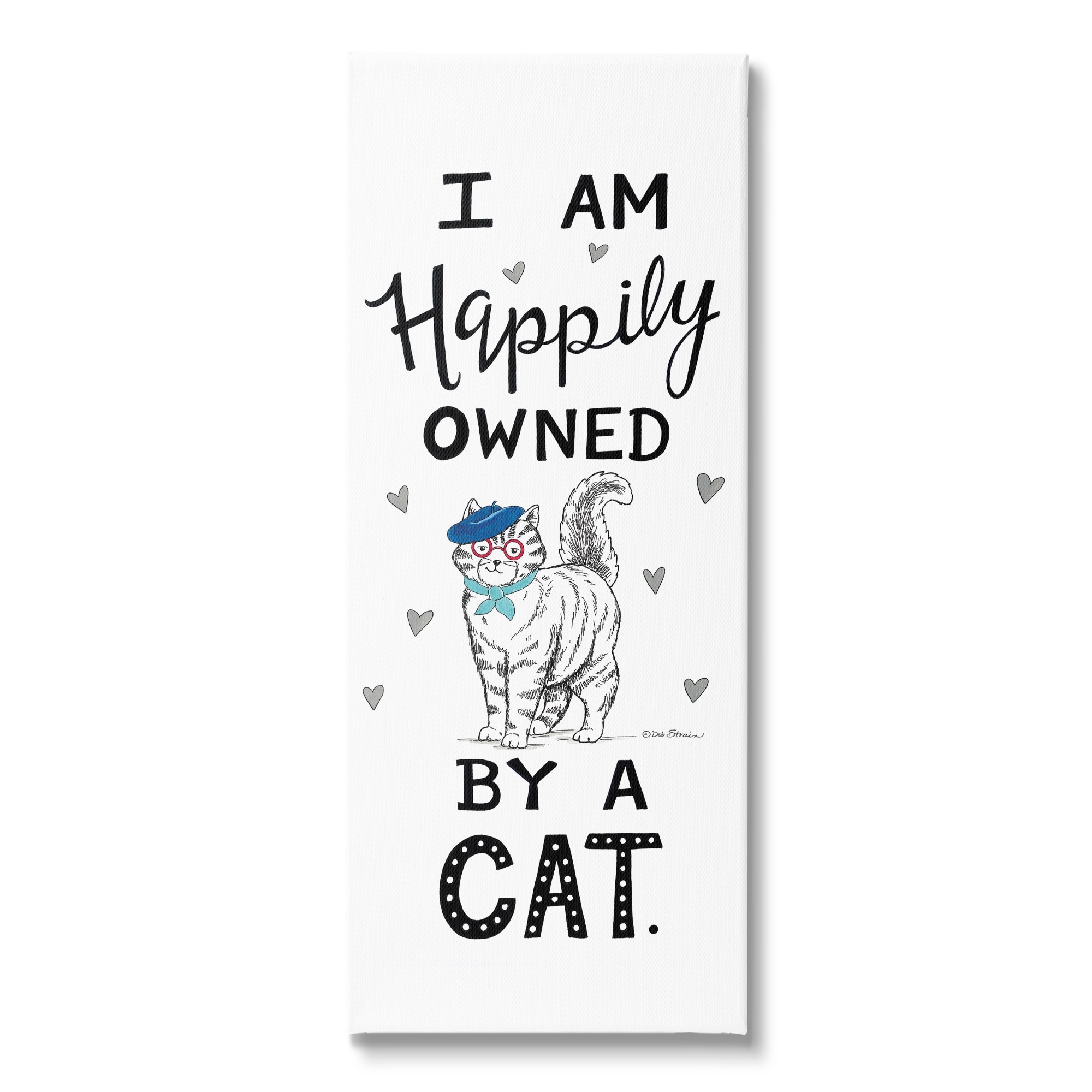 Stupell Industries Happily Owned By Cat Funny Phrase Feline French Beret Graphic Art Gallery-Wrapped Canvas Print Wall Art, 20x48, by Deb Strain