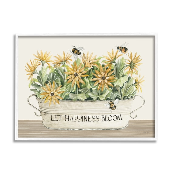 Stupell Industries Happiness Bloom Insect Bee Hovering Rustic Flower Jar,14 x 11, Design by Cindy Jacobs