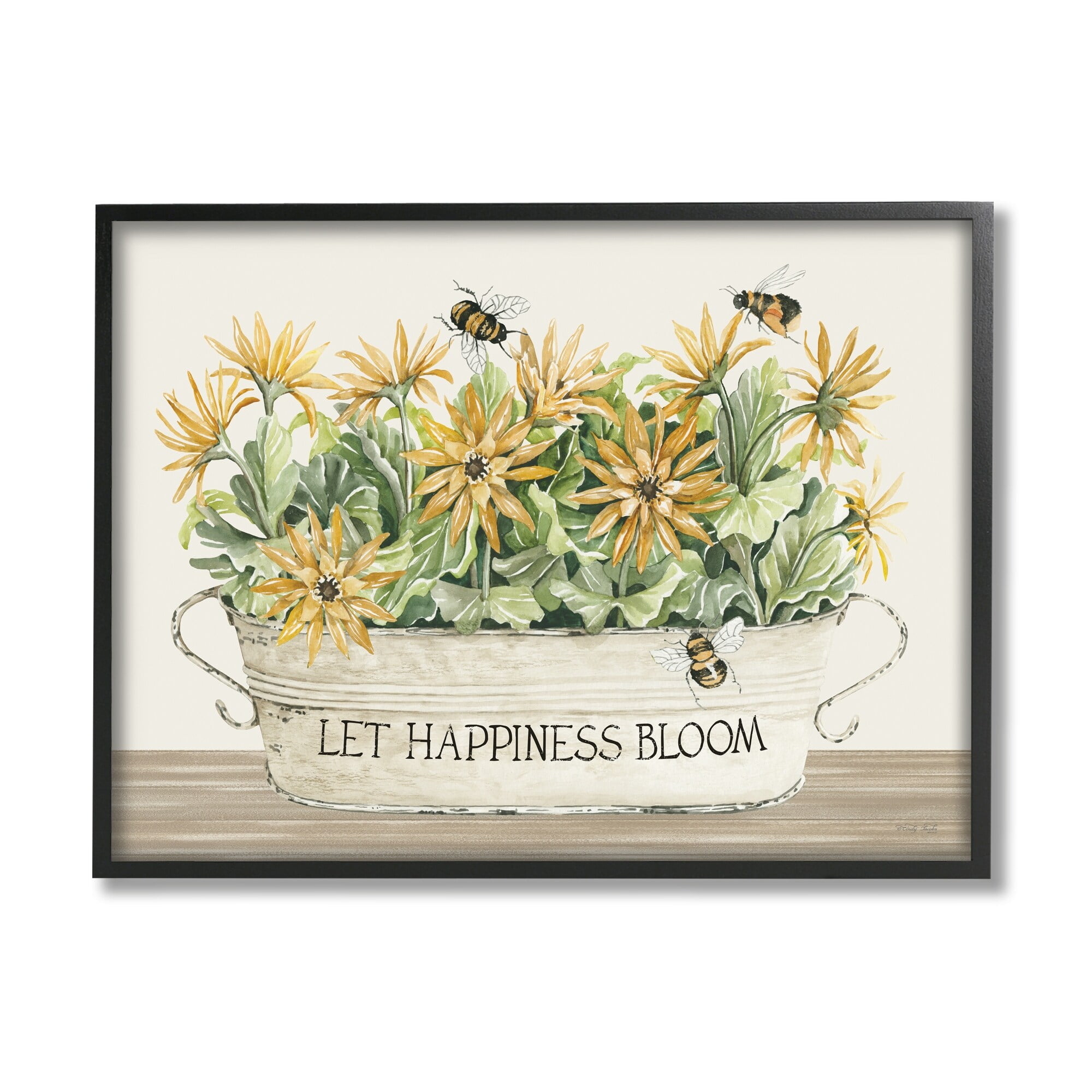Stupell Industries Happiness Bloom Insect Bee Hovering Rustic Flower Jar,14 x 11, Design by Cindy Jacobs