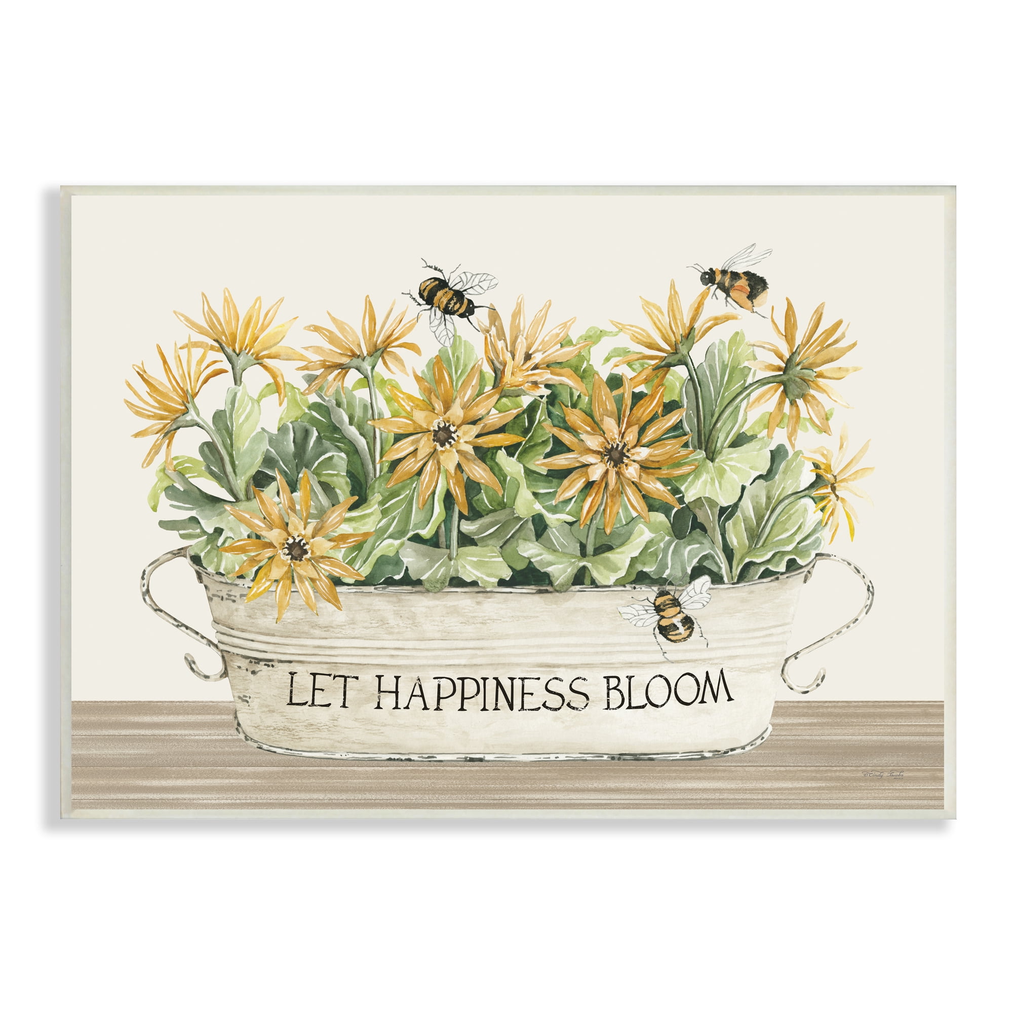 Stupell Industries Happiness Bloom Insect Bee Hovering Rustic Flower Jar,15 x 10, Design by Cindy Jacobs