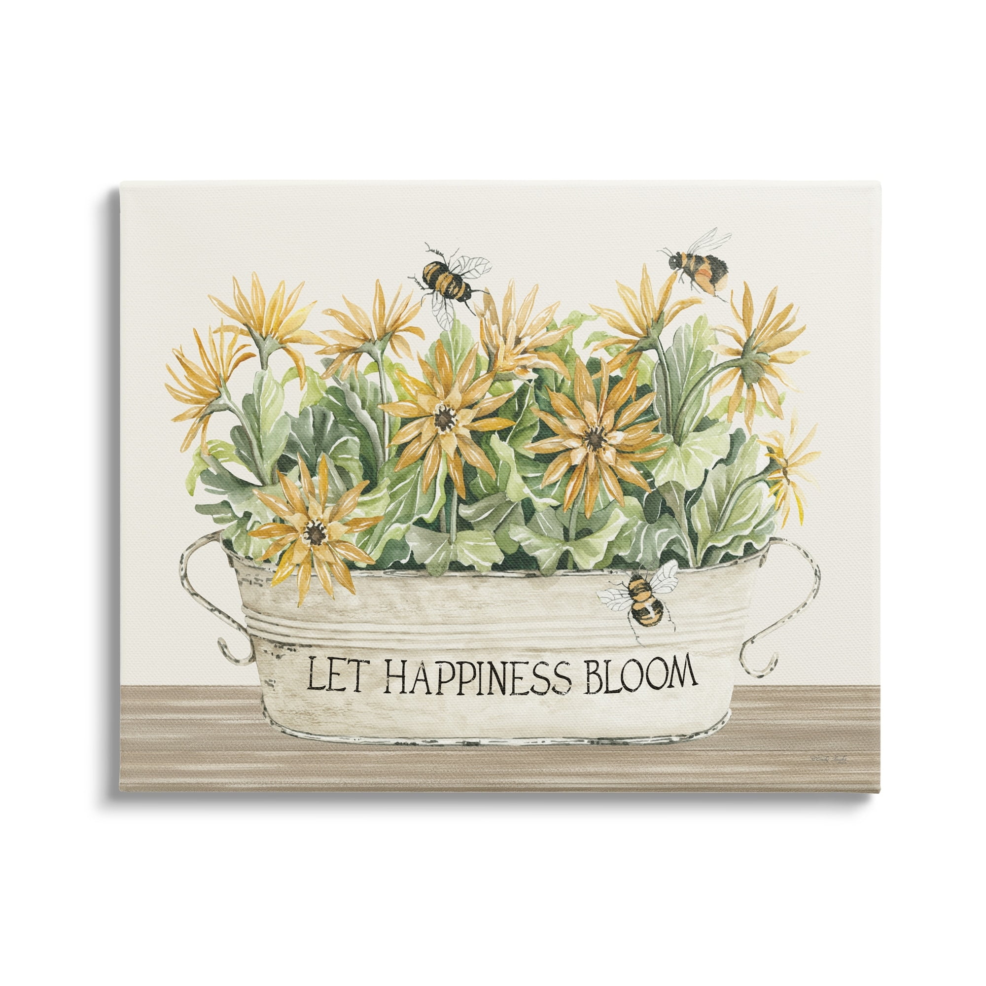 Stupell Industries Happiness Bloom Insect Bee Hovering Rustic Flower Jar,20 x 16, Design by Cindy Jacobs