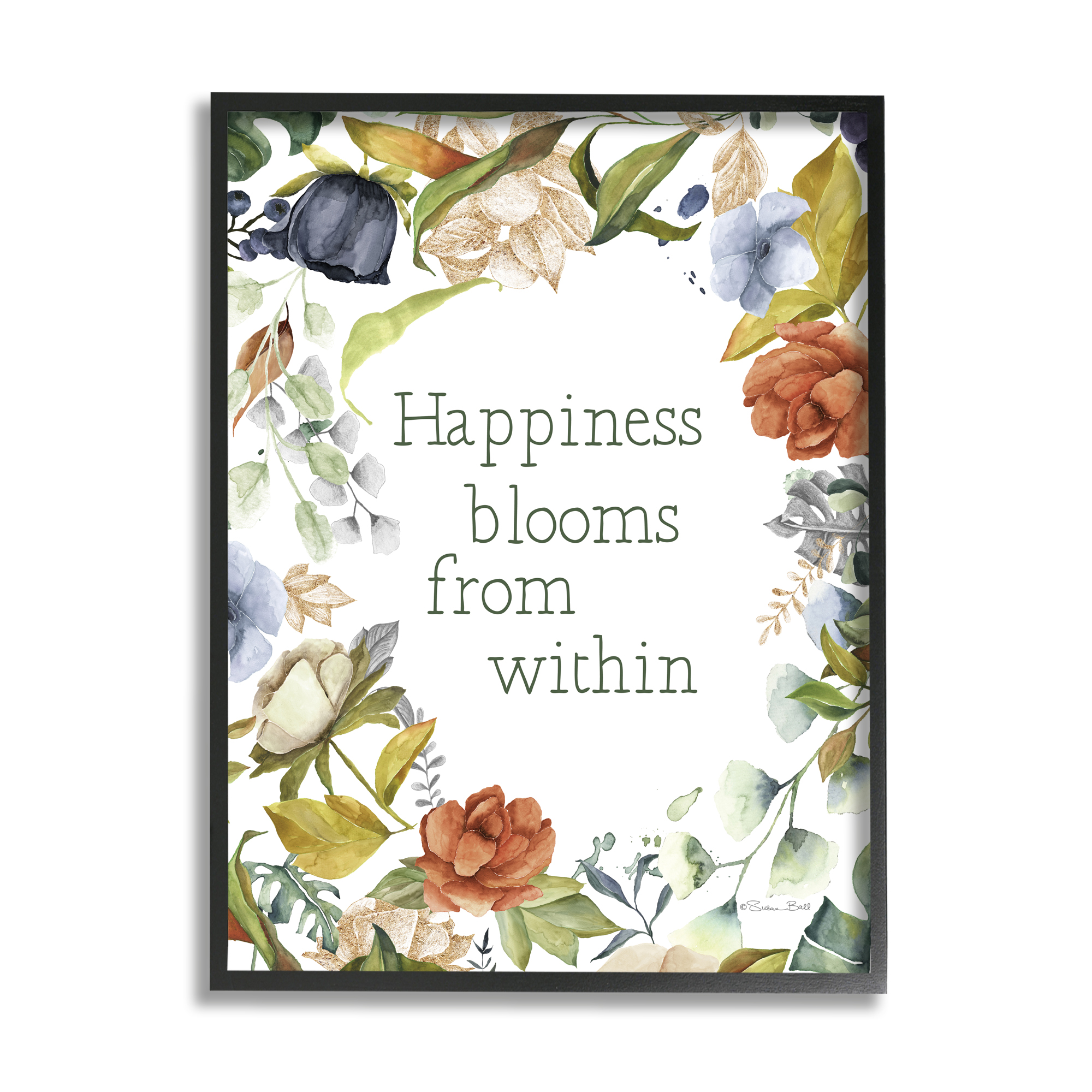 Stupell Industries Happiness Blooms From Within Comforting Floral Border Graphic Art Black Framed Art Print Wall Art, Design by Susan Ball