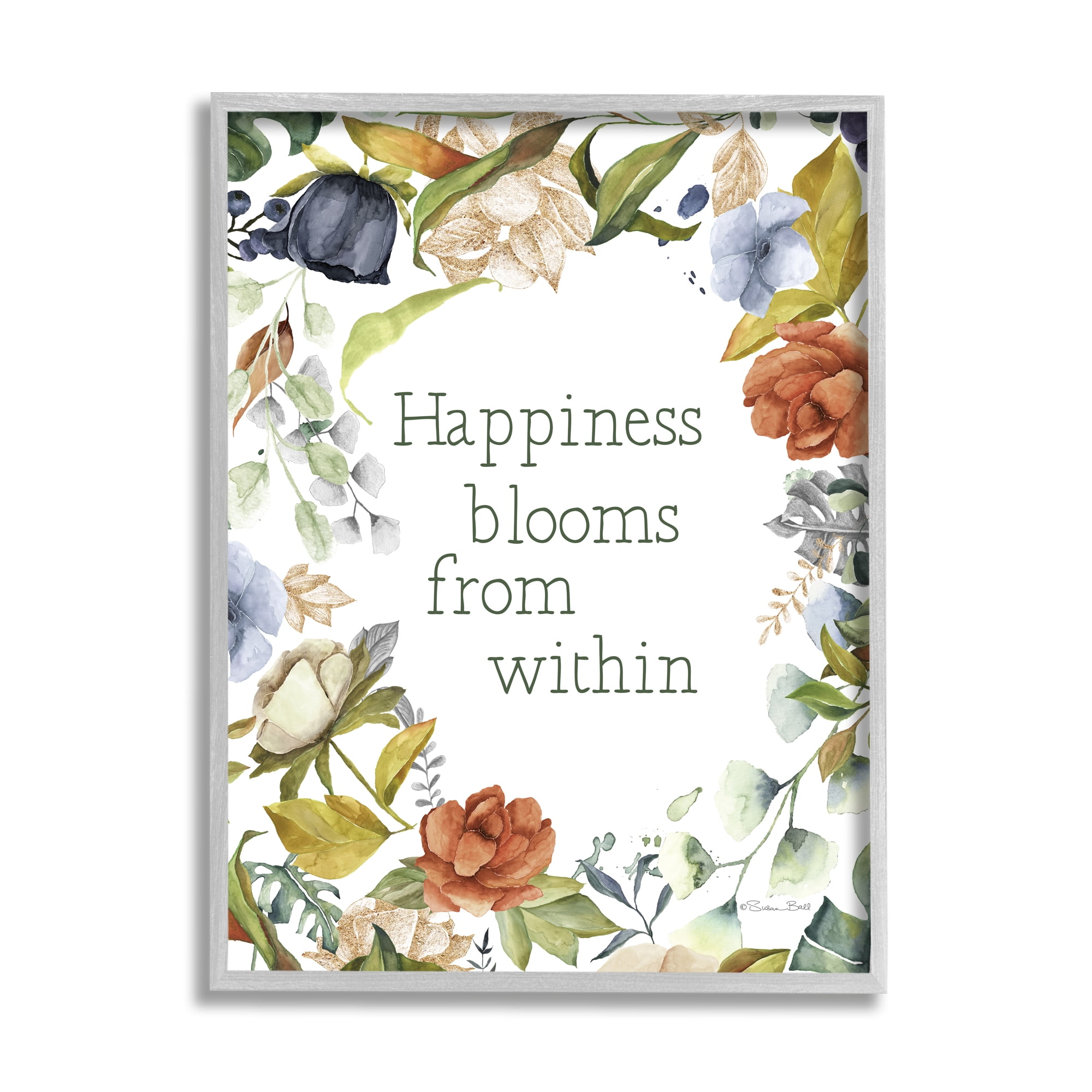 Stupell Industries Happiness Blooms From Within Comforting Floral Border Graphic Art Gray Framed Art Print Wall Art, Design by Susan Ball