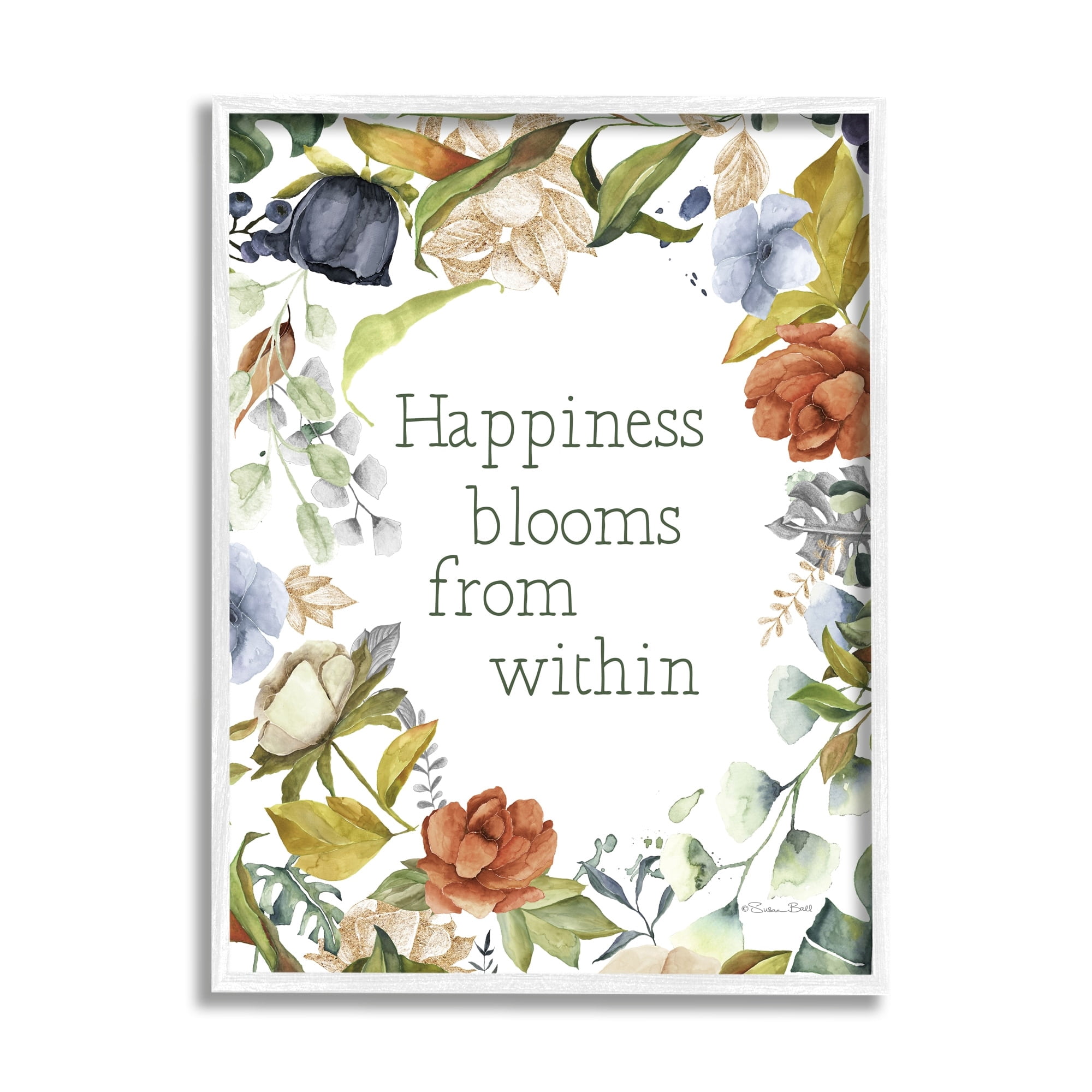 Stupell Industries Happiness Blooms From Within Comforting Floral Border Graphic Art White Framed Art Print Wall Art, Design by Susan Ball
