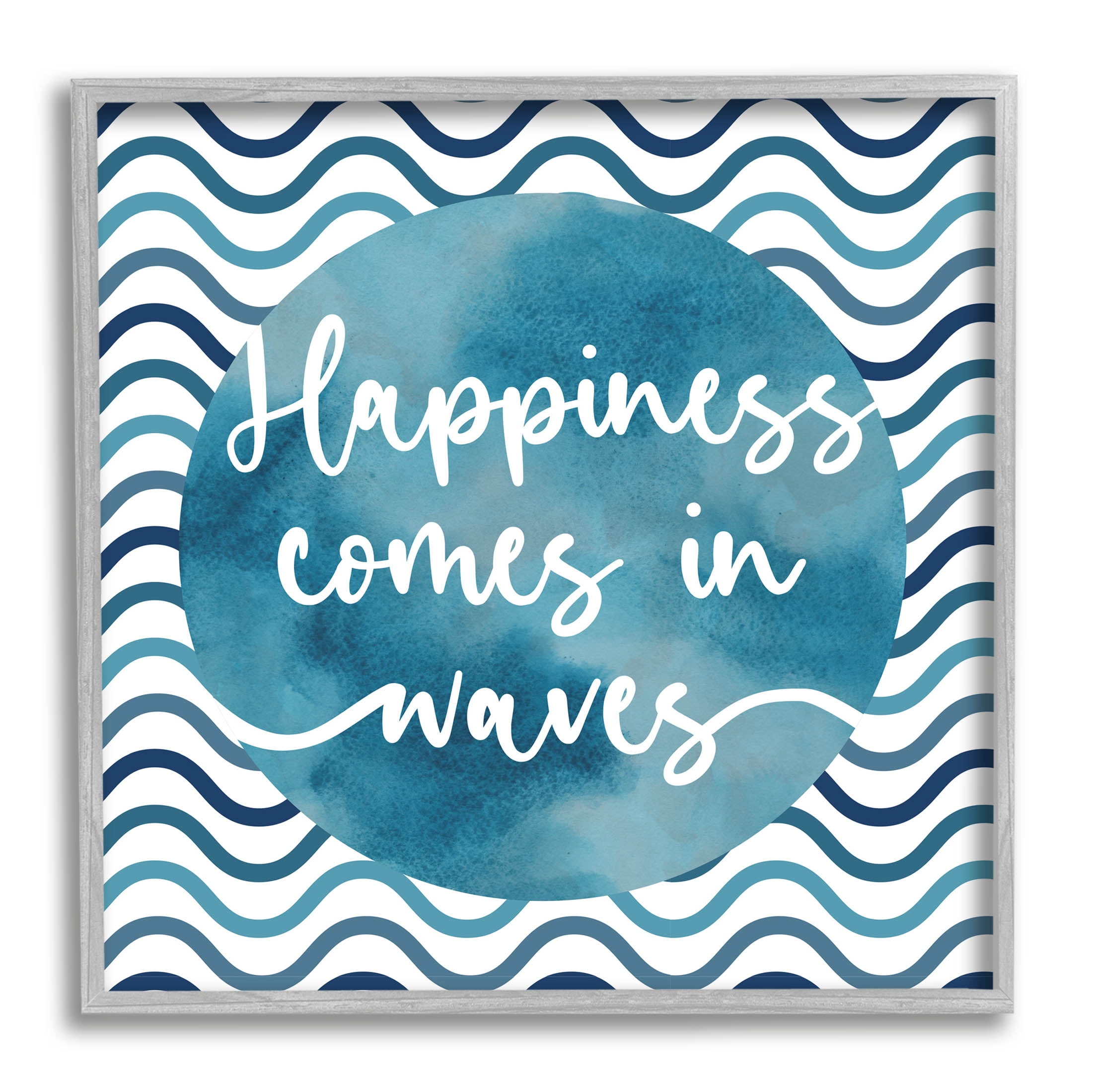 Stupell Industries Happiness Comes In Waves Pattern Graphic Art Gray Framed Art Print Wall Art, Design by Linda Birtel