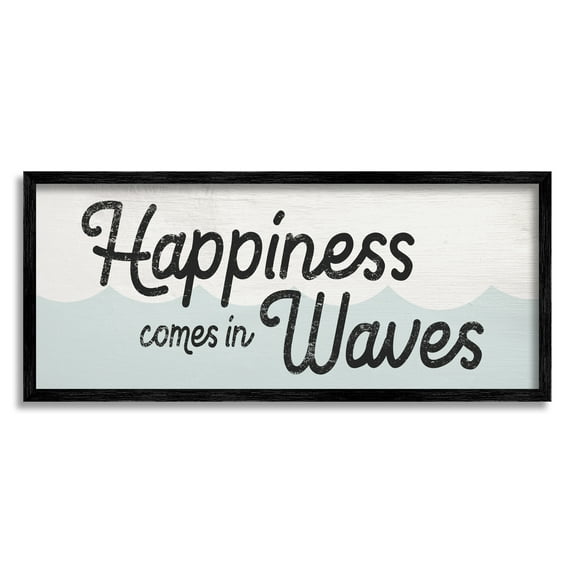 Stupell Industries Happiness Comes In Waves Phrase Blue Ocean Waves Modern Painting Black Framed Art Print Wall Art, 13 x 30, Design by Daphne Polselli