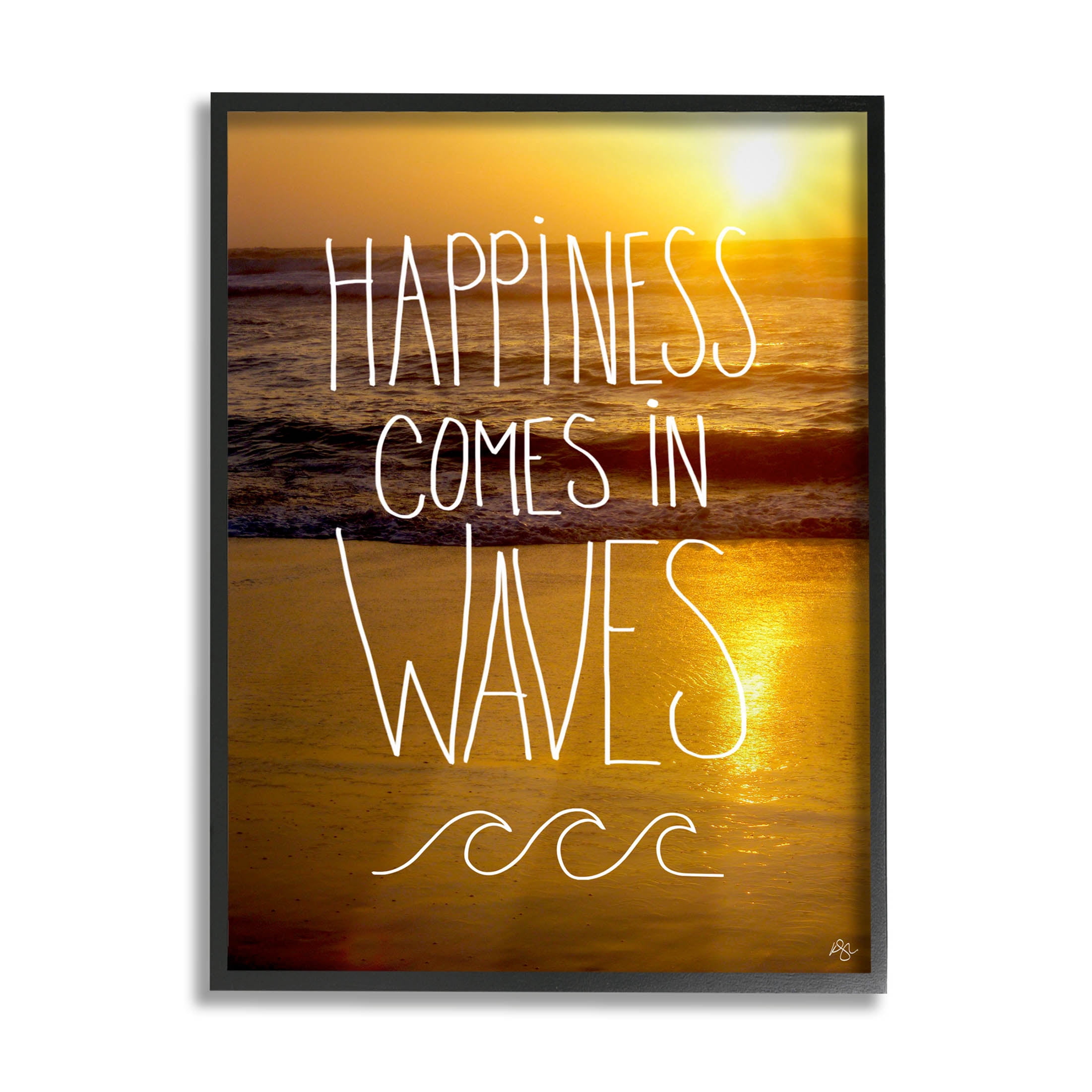 Stupell Industries Happiness Comes In Waves Phrase Graphic Art Black Framed Art Print Wall Art, Design by K. Kaufman