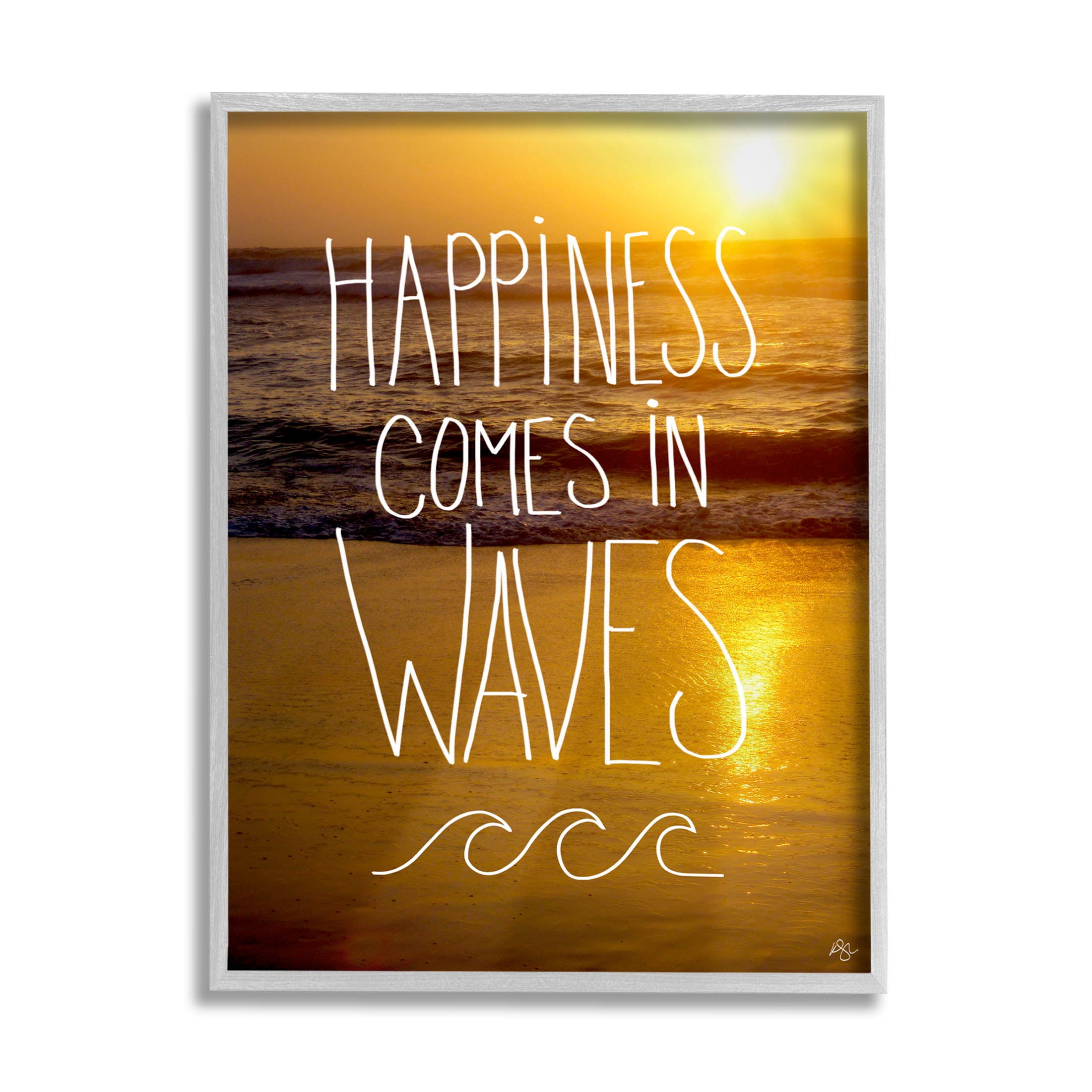 Stupell Industries Happiness Comes In Waves Phrase Graphic Art Gray Framed Art Print Wall Art, Design by K. Kaufman