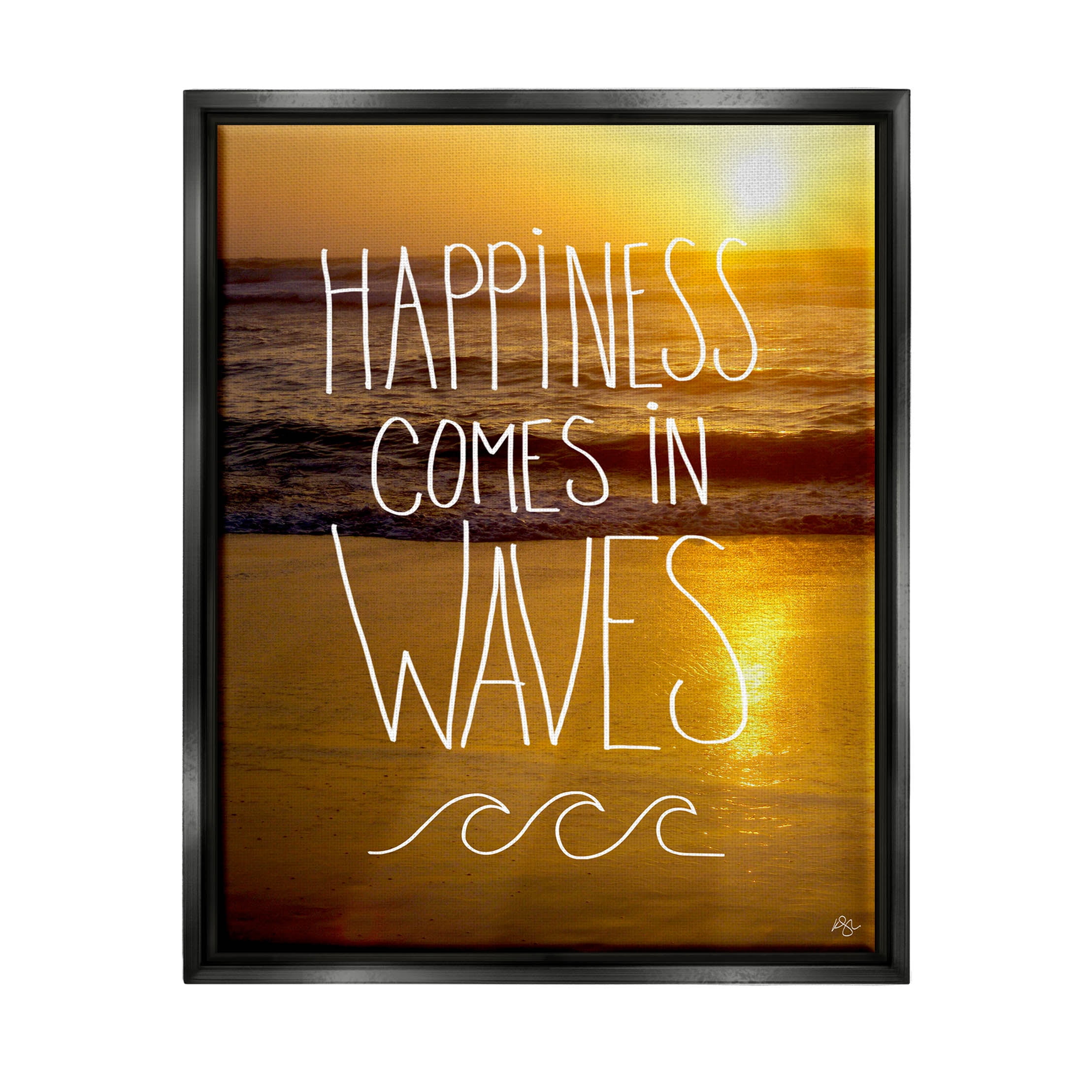 Stupell Industries Happiness Comes In Waves Phrase Graphic Art Jet Black Floating Framed Canvas Print Wall Art, Design by K. Kaufman