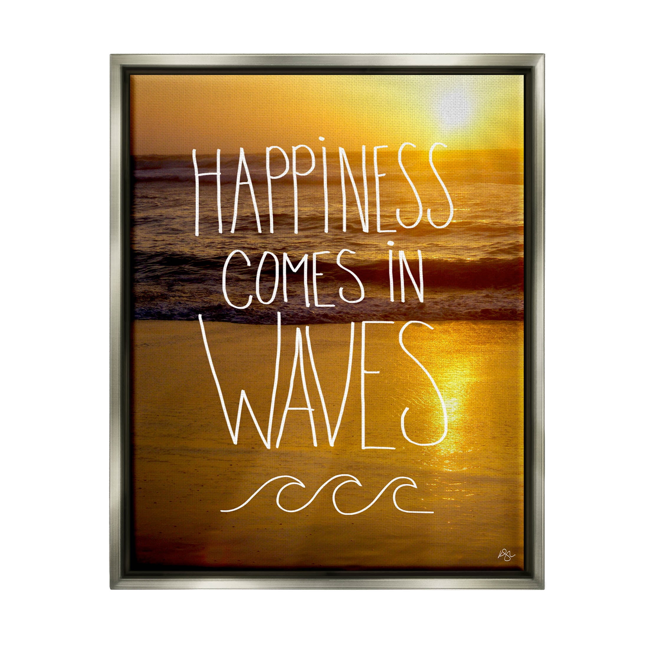 Stupell Industries Happiness Comes In Waves Phrase Graphic Art Luster Gray Floating Framed Canvas Print Wall Art, Design by K. Kaufman