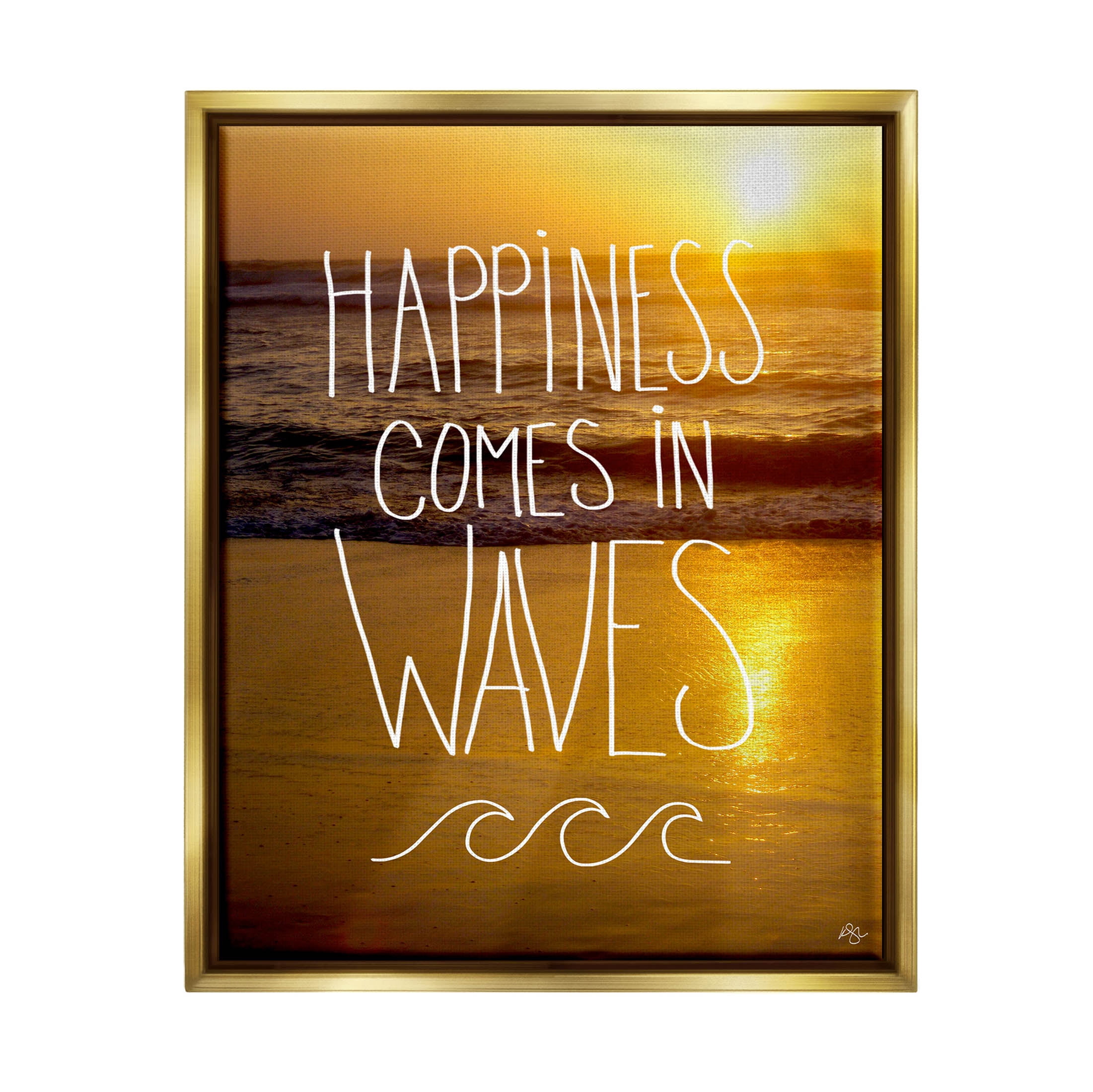 Stupell Industries Happiness Comes In Waves Phrase Graphic Art Metallic Gold Floating Framed Canvas Print Wall Art, Design by K. Kaufman
