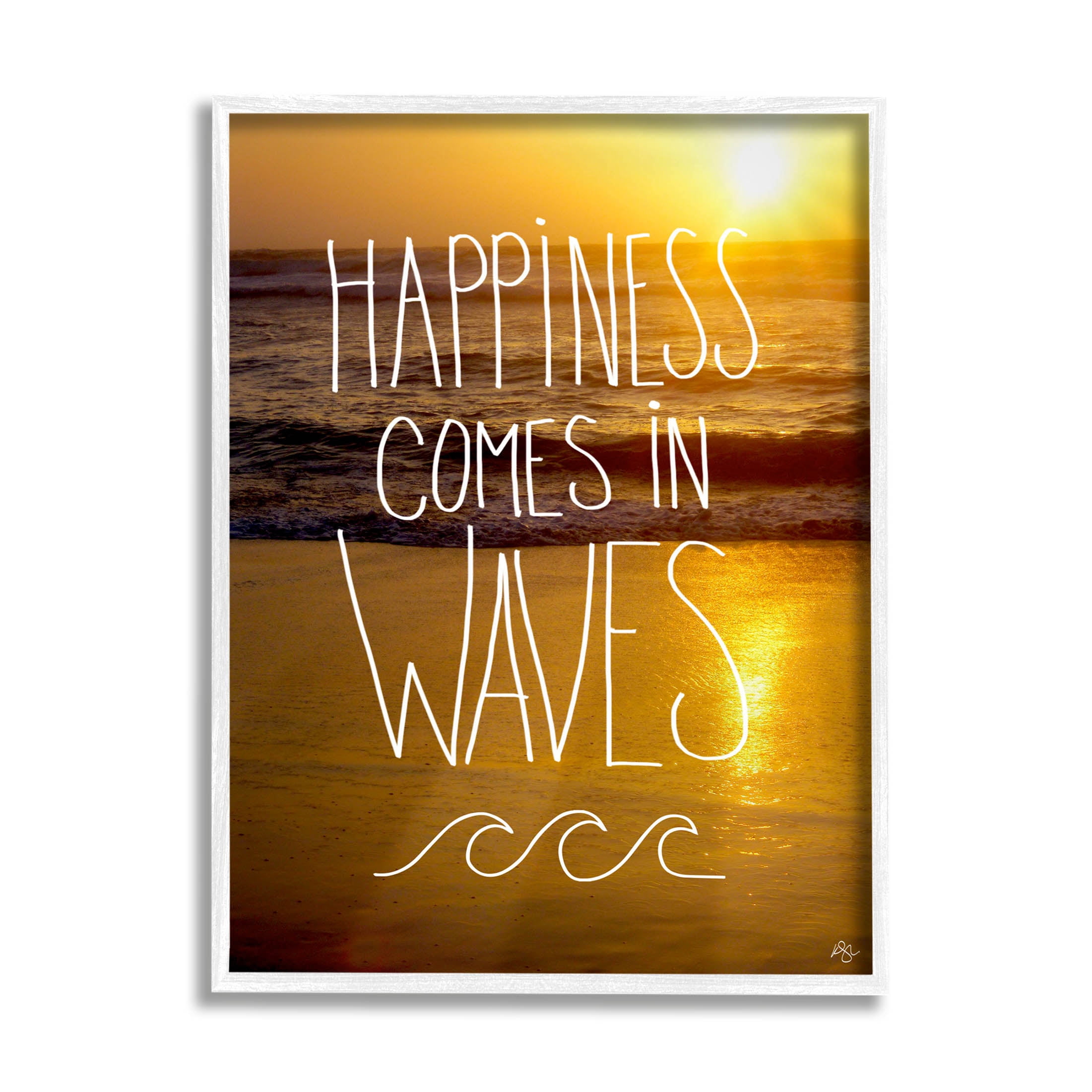 Stupell Industries Happiness Comes In Waves Phrase Graphic Art White Framed Art Print Wall Art, Design by K. Kaufman