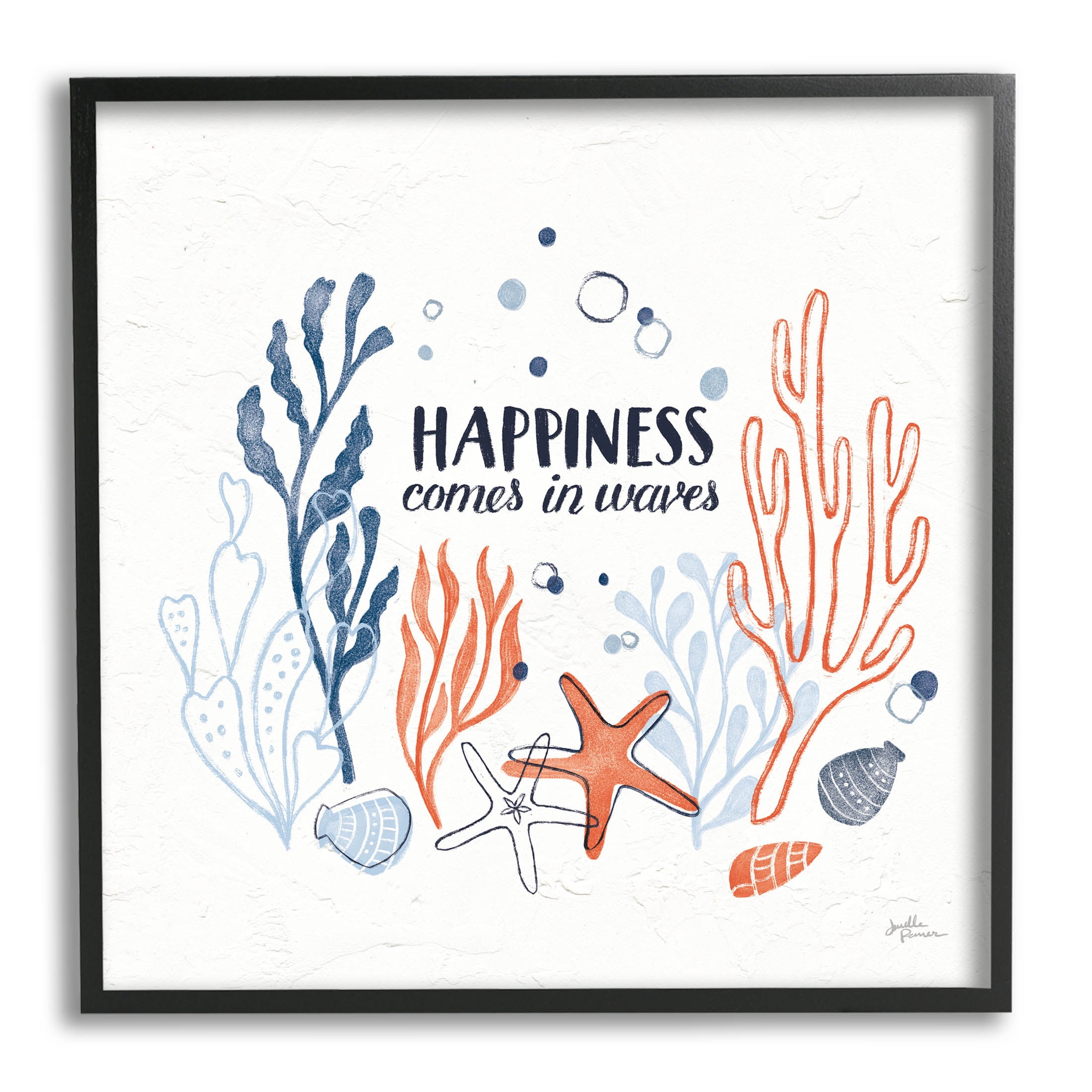 Stupell Industries Happiness Comes In Waves Sea Life Graphic Art Black Framed Art Print Wall Art, Design by Janelle Penner