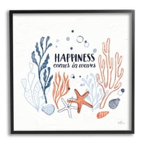 Stupell Industries Happiness Comes In Waves Sea Life Graphic Art Black Framed Art Print Wall Art, Design by Janelle Penner