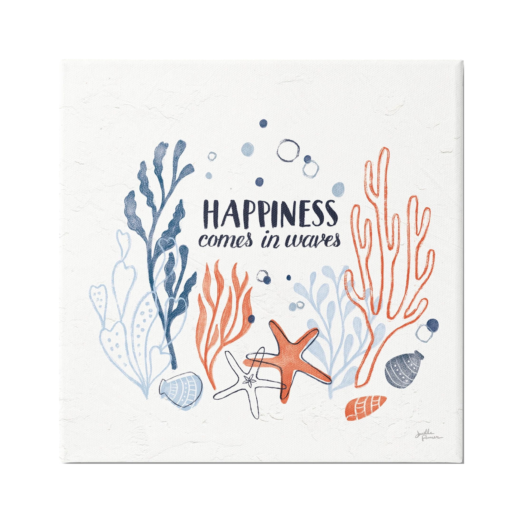 Stupell Industries Happiness Comes In Waves Sea Life Graphic Art Gallery Wrapped Canvas Print Wall Art, Design by Janelle Penner