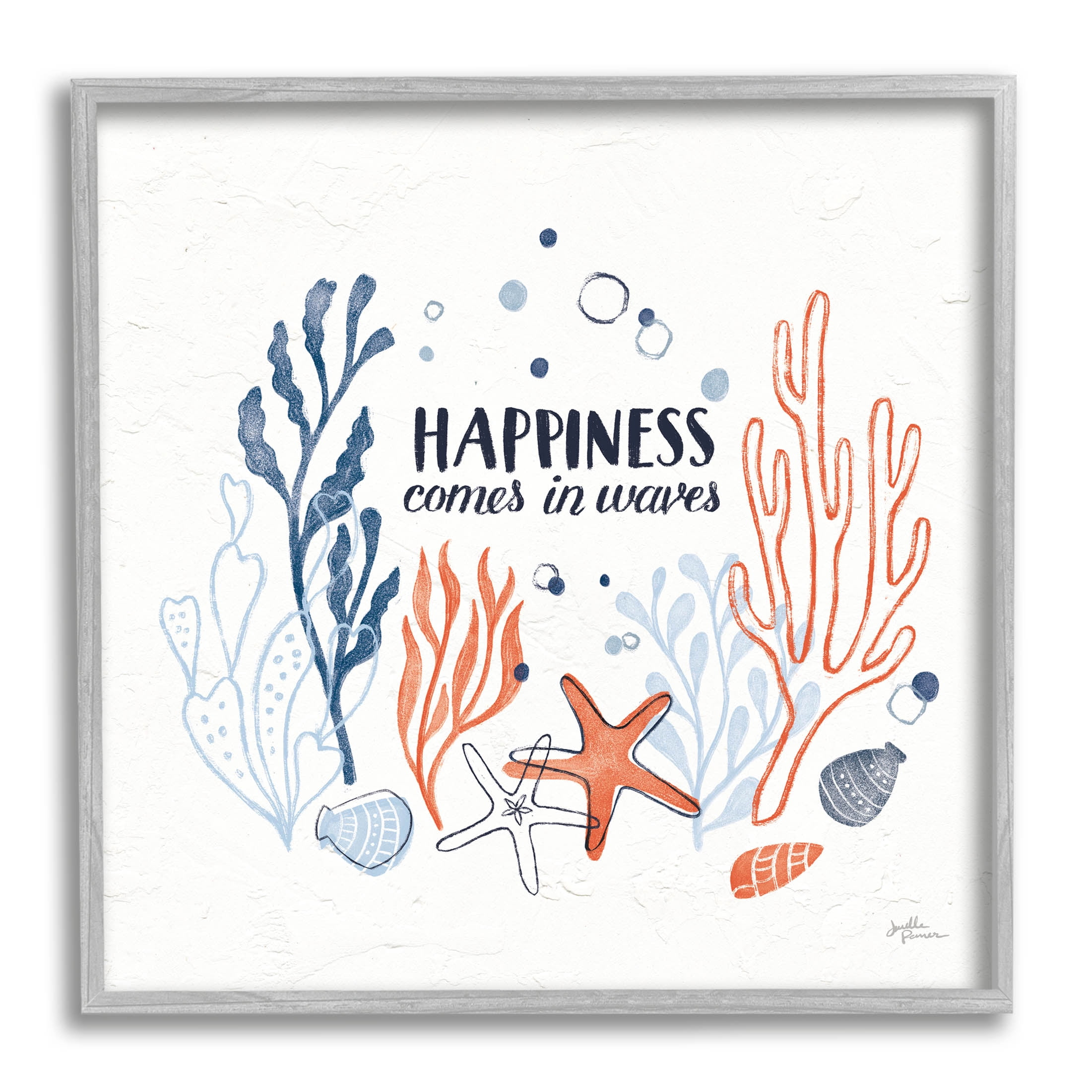Stupell Industries Happiness Comes In Waves Sea Life Graphic Art Gray Framed Art Print Wall Art, Design by Janelle Penner