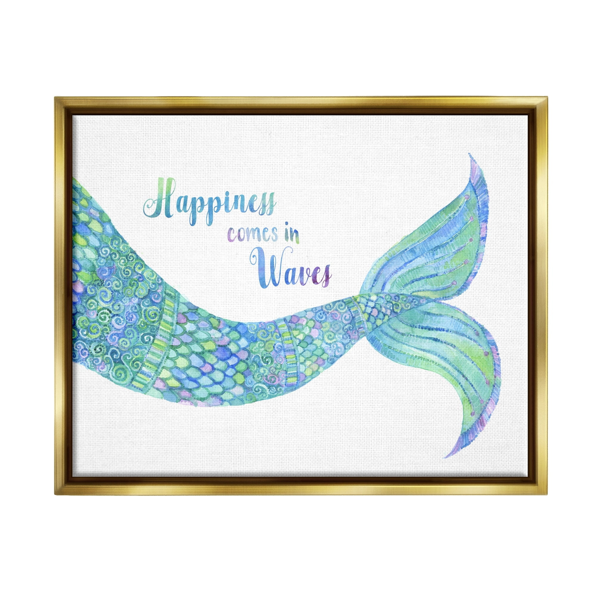 Stupell Industries Happiness Comes in Waves Detailed Mermaid Tail Sentiment Painting Metallic Gold Floating Framed Canvas Print Wall Art, Design by Jackie Decker