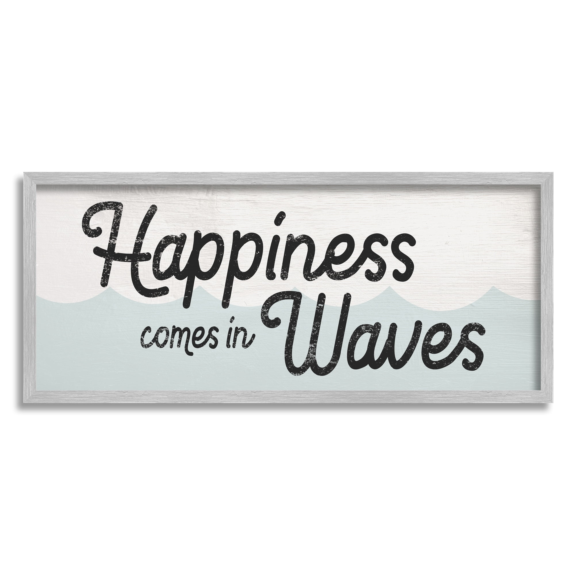 Stupell Industries Happiness Comes In Waves Phrase Blue Ocean Waves Modern Painting Gray Framed Art Print Wall Art, 10 x 24, Design by Daphne Polselli