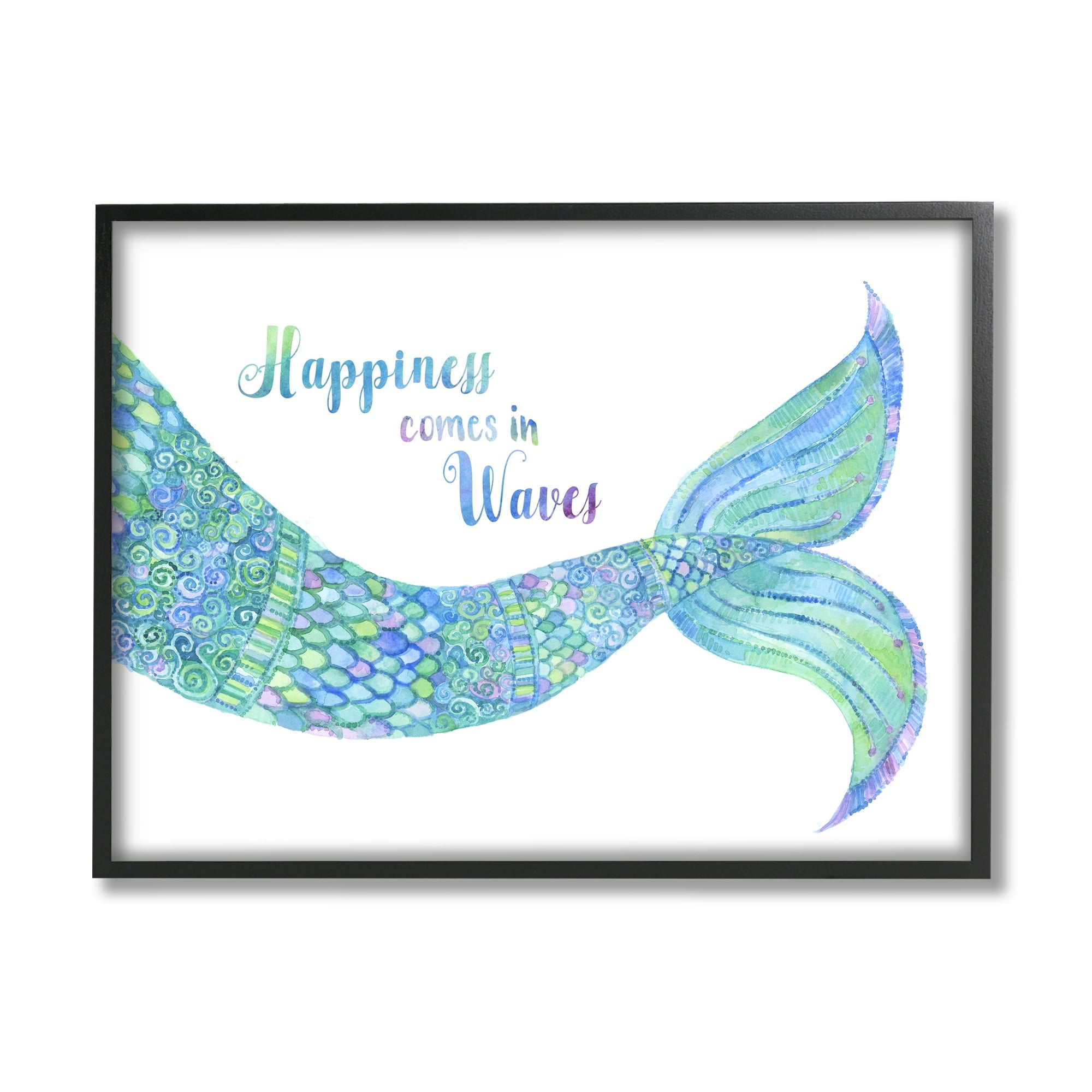 Stupell Industries Happiness Comes in Waves Detailed Mermaid Tail Sentiment Painting Black Framed Art Print Wall Art, Design by Jackie Decker