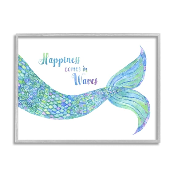 Stupell Industries Happiness Comes in Waves Detailed Mermaid Tail Sentiment Painting Gray Framed Art Print Wall Art, Design by Jackie Decker