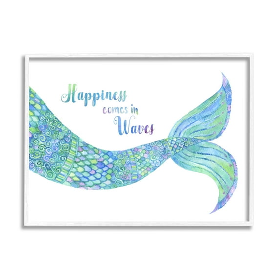Stupell Industries Happiness Comes in Waves Detailed Mermaid Tail Sentiment Painting White Framed Art Print Wall Art, Design by Jackie Decker