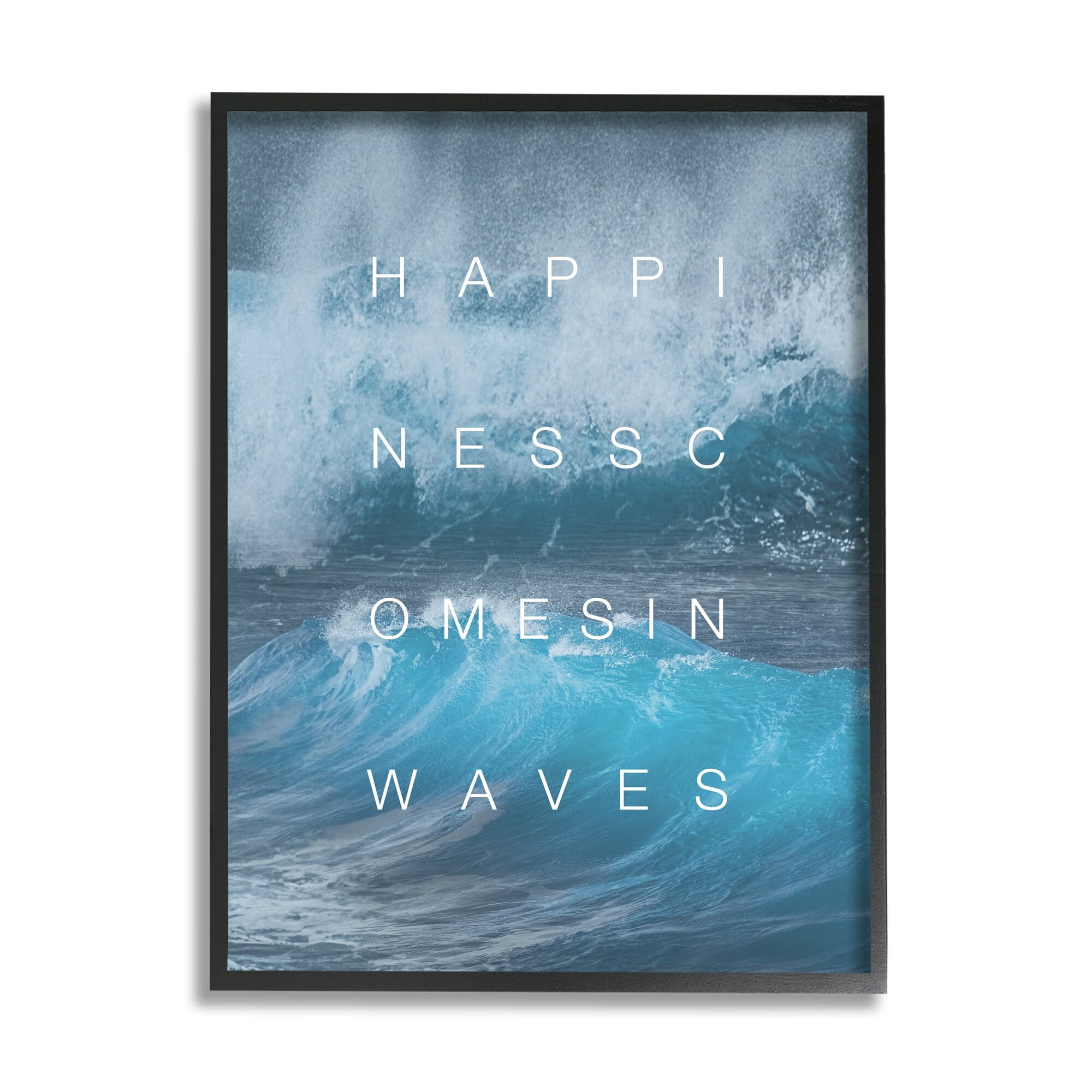 Stupell Industries Happiness Comes in Waves Nautical Phrase Blue Waves Photography Black Framed Art Print Wall Art, 11x14, by Daphne Polselli