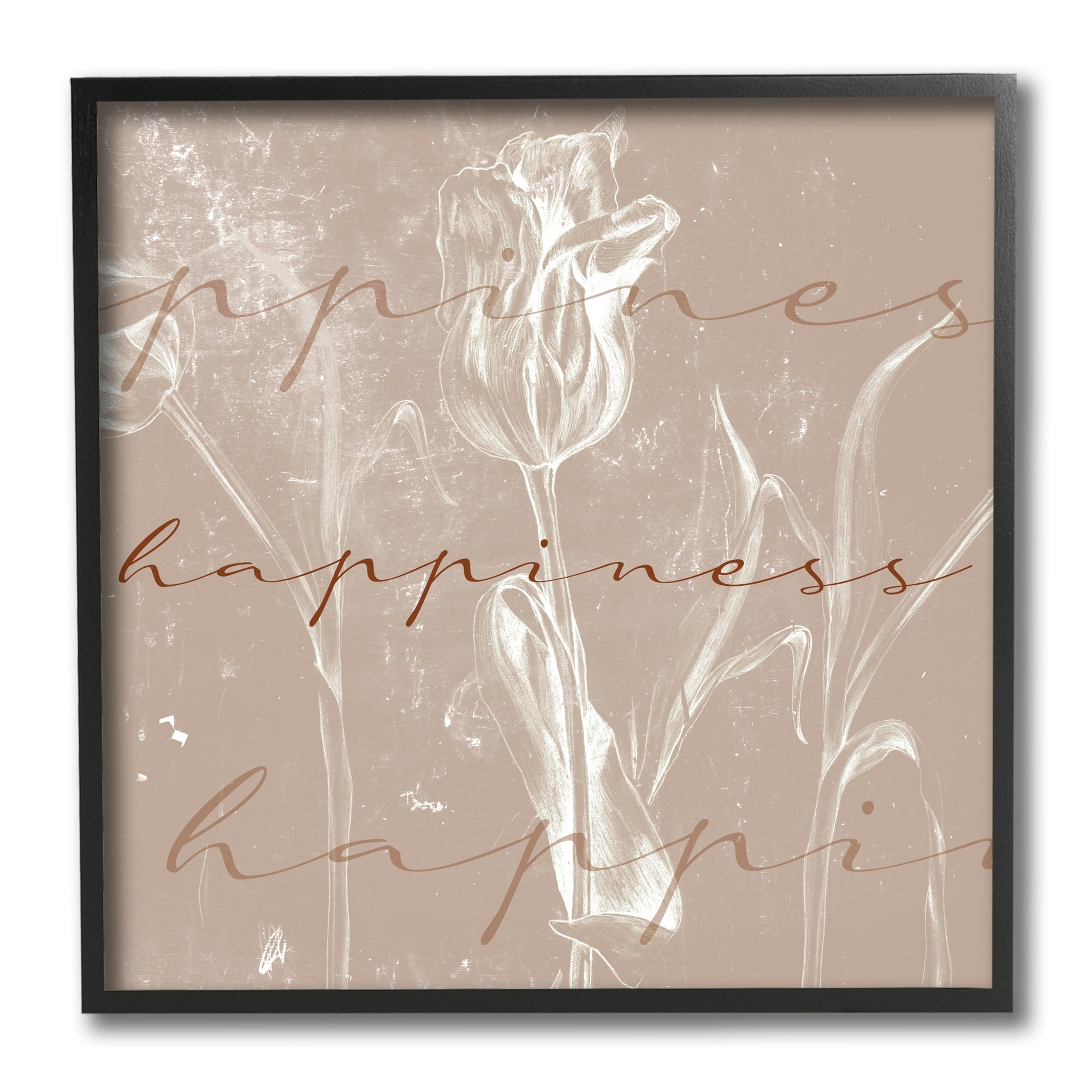 Stupell Industries Happiness Cursive Script Brown Tulip Illustration Typography Painting Black Framed Art Print Wall Art, 12 x 12