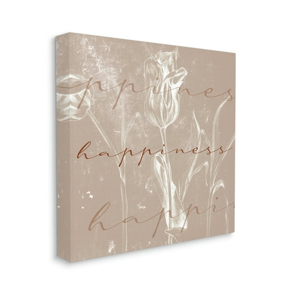 Stupell Industries Happiness Cursive Script Brown Tulip Illustration Typography Painting Gallery Wrapped Canvas Art Print Wall Art, 36 x 36