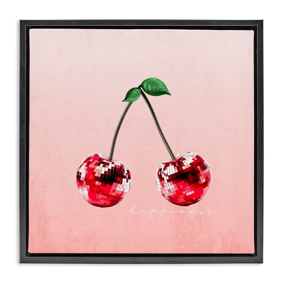 Stupell Industries Happiness Disco Cherries Quotes and Sayings Painting Black Floater Framed Canvas Art Print Wall Art, 25 x 25