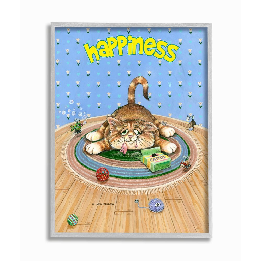 Stupell Industries Happiness Funny Cat Cartoon Pet Design Framed Wall Art by Gary Patterson