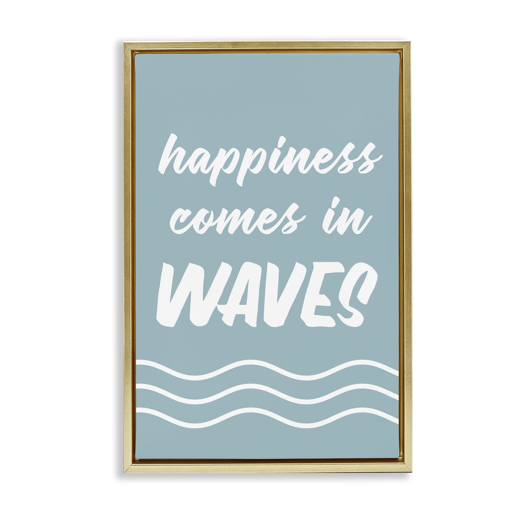 Stupell Industries Happiness In Waves Typography Painting Gold Floater Framed Canvas Art Print Wall Art, 17 x 25