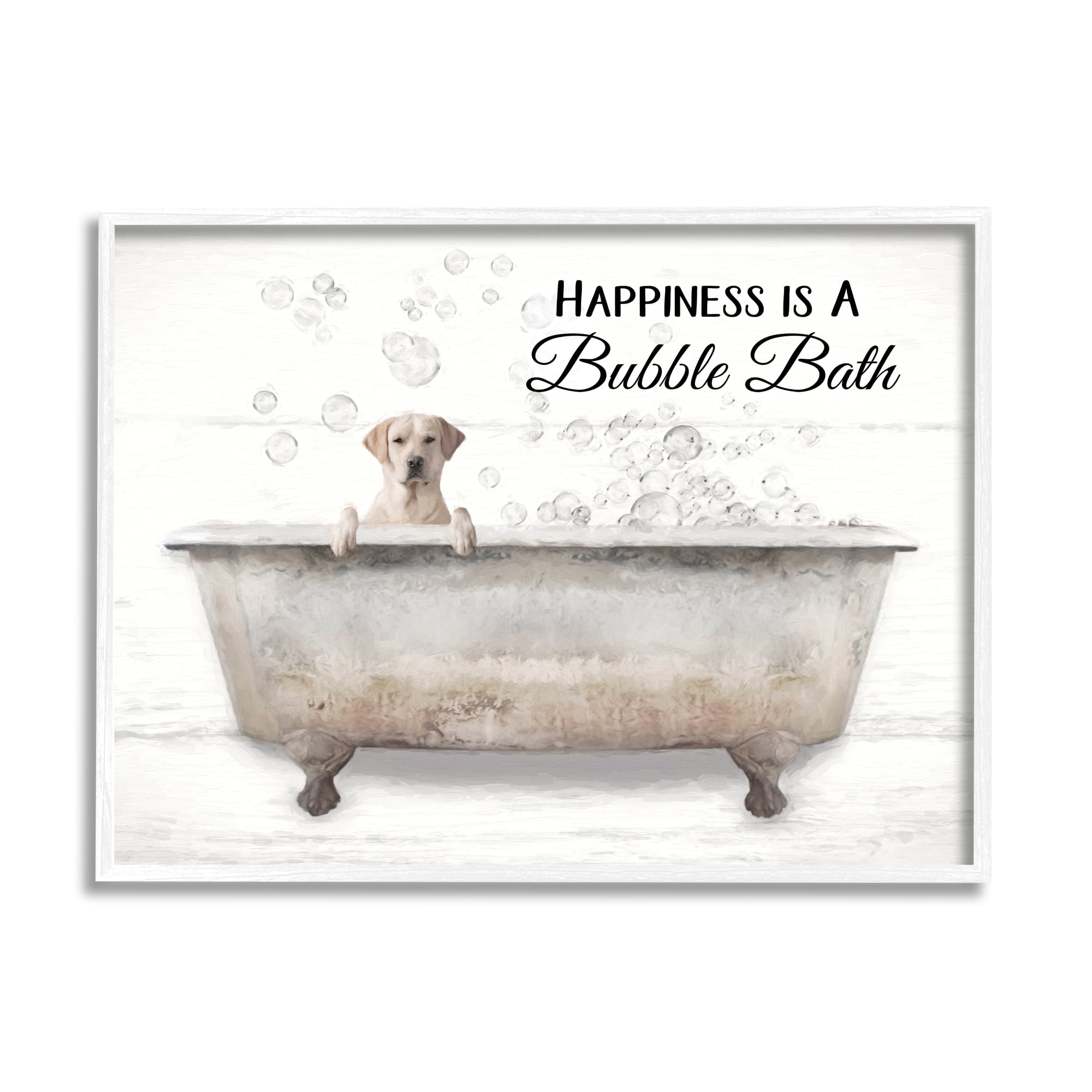 White Framed Canvas Print of Dog in Bubble Bath, 11 x 14