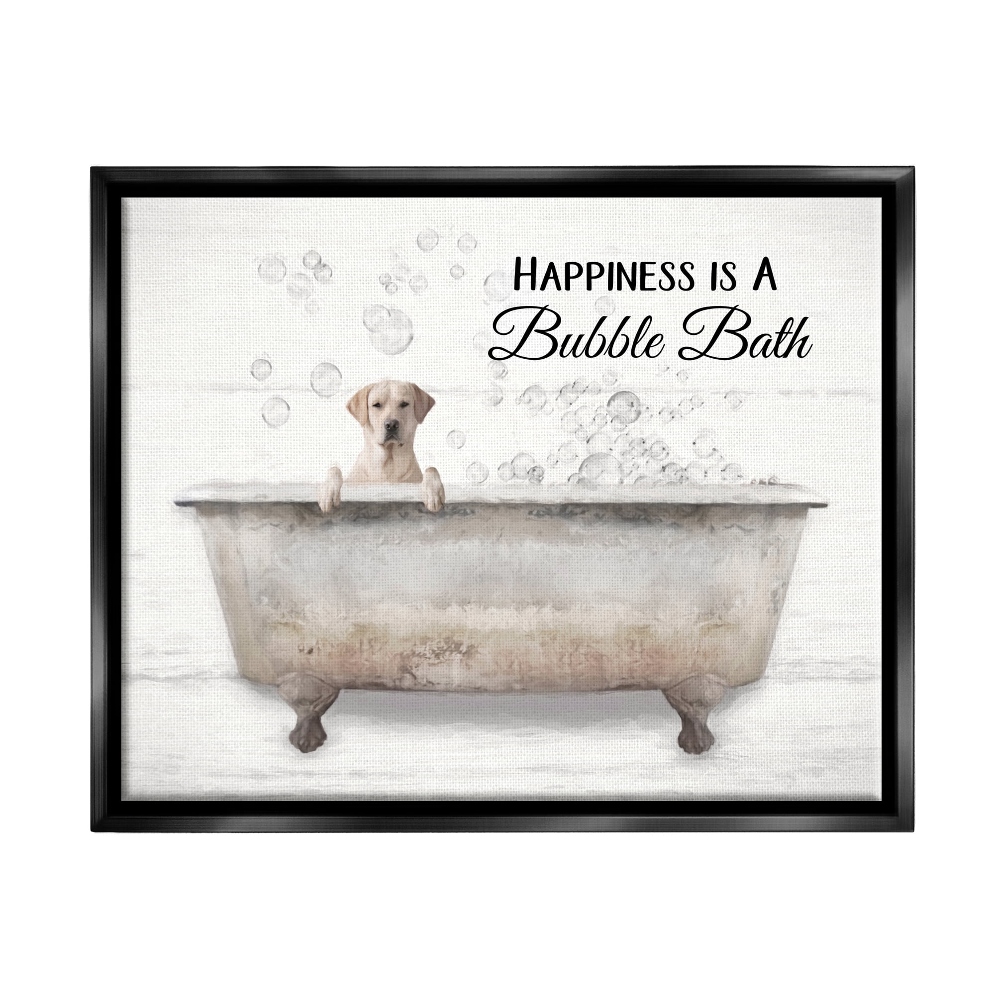 Stupell Industries Happiness Is A Bubble Bath Dog In Tub Word Design Jet Black Framed Floating Canvas Wall Art, 16x20, by Lori Deiter