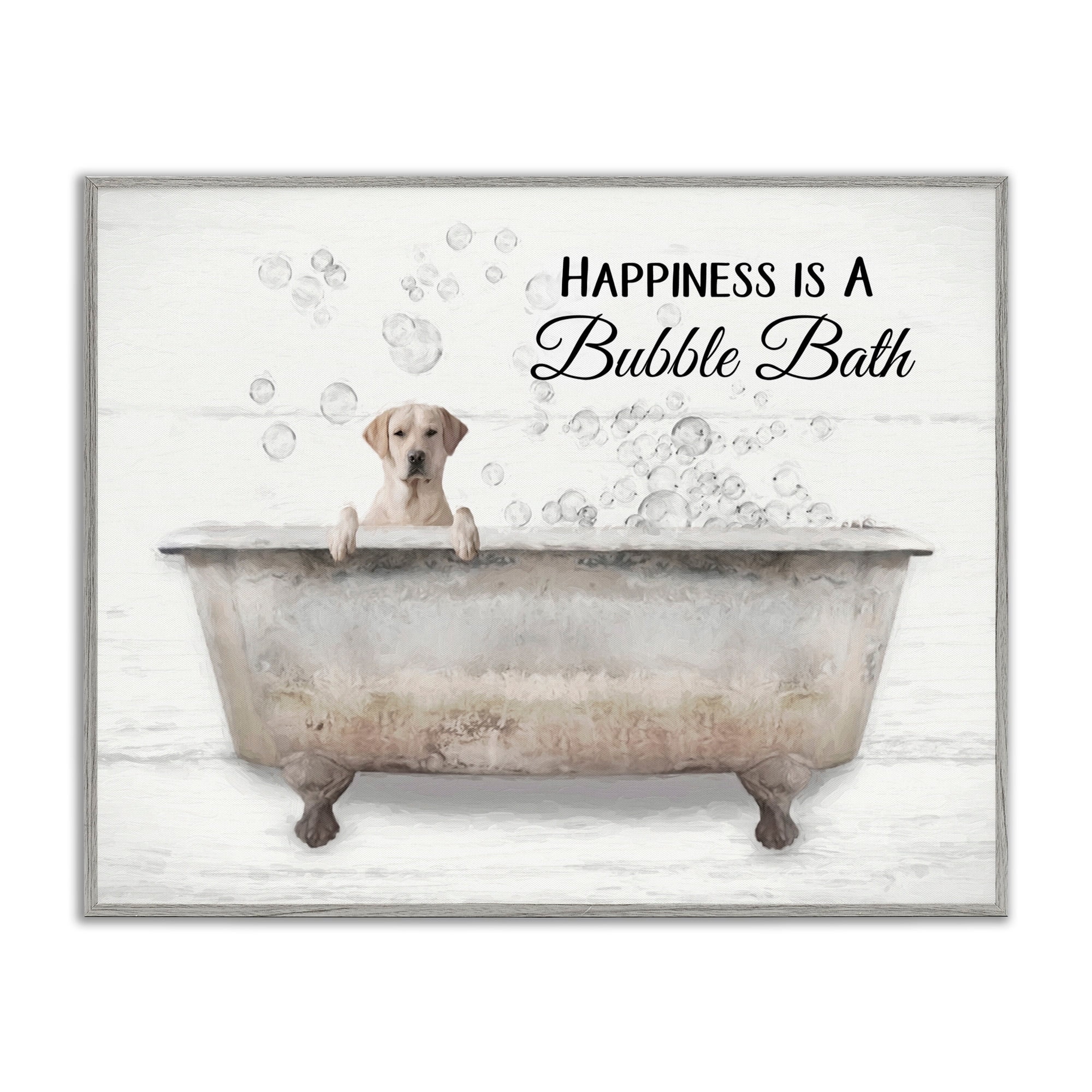 Stupell Industries Happiness Is A Bubble Bath Dog In Tub Word Design Paintings Gray Framed Art Print Wall Art, 24x30, by Lori Deiter