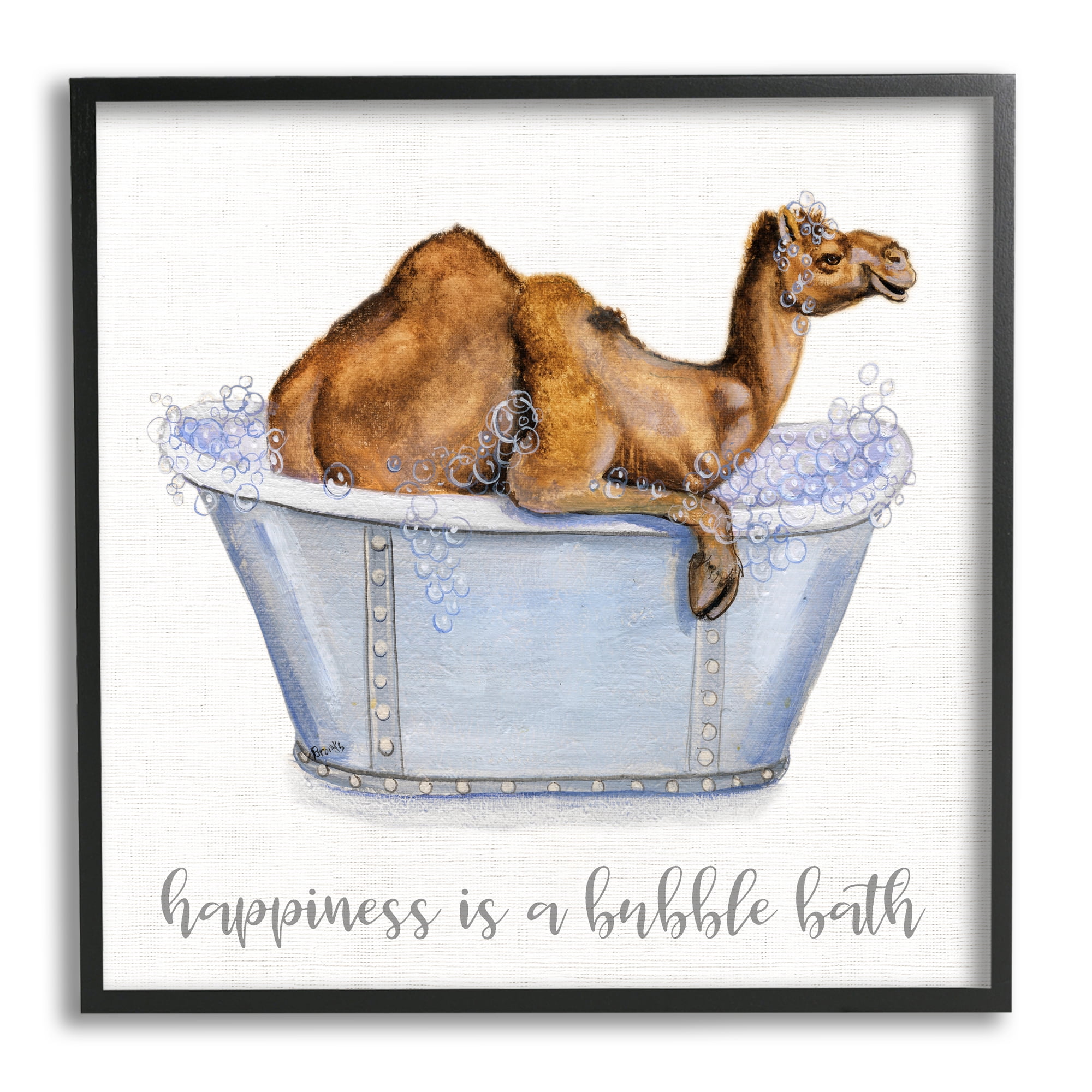 Stupell Industries Happiness Is a Bubble Bath Desert Camel Bathroom Paintings Black Framed Art Print Wall Art, 17x30, by Donna Brooks