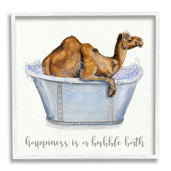 Stupell Industries Happiness Is a Bubble Bath Desert Camel Bathroom Paintings White Framed Art Print Wall Art, 17x17, by Donna Brooks