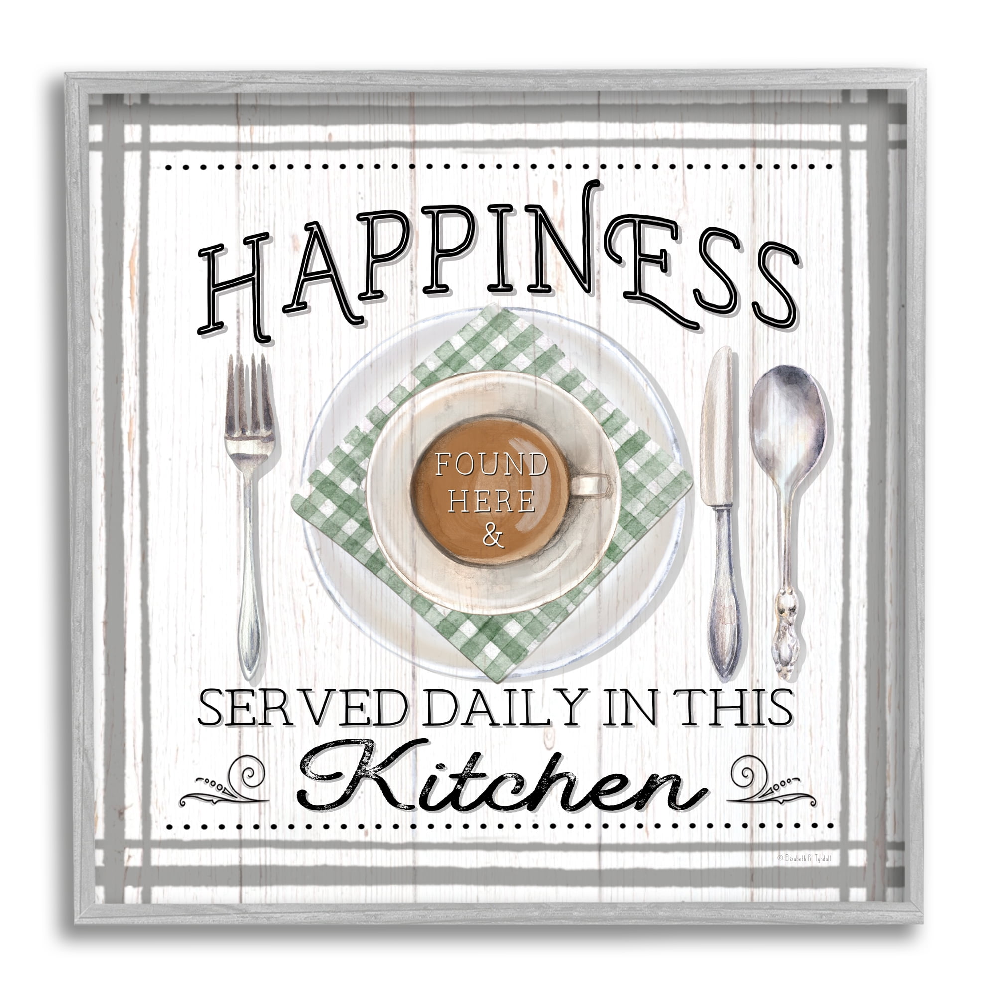 Stupell Industries Happiness Served in Kitchen Food & Beverage Painting Gray Framed Art Print Wall Art, 24 x 24