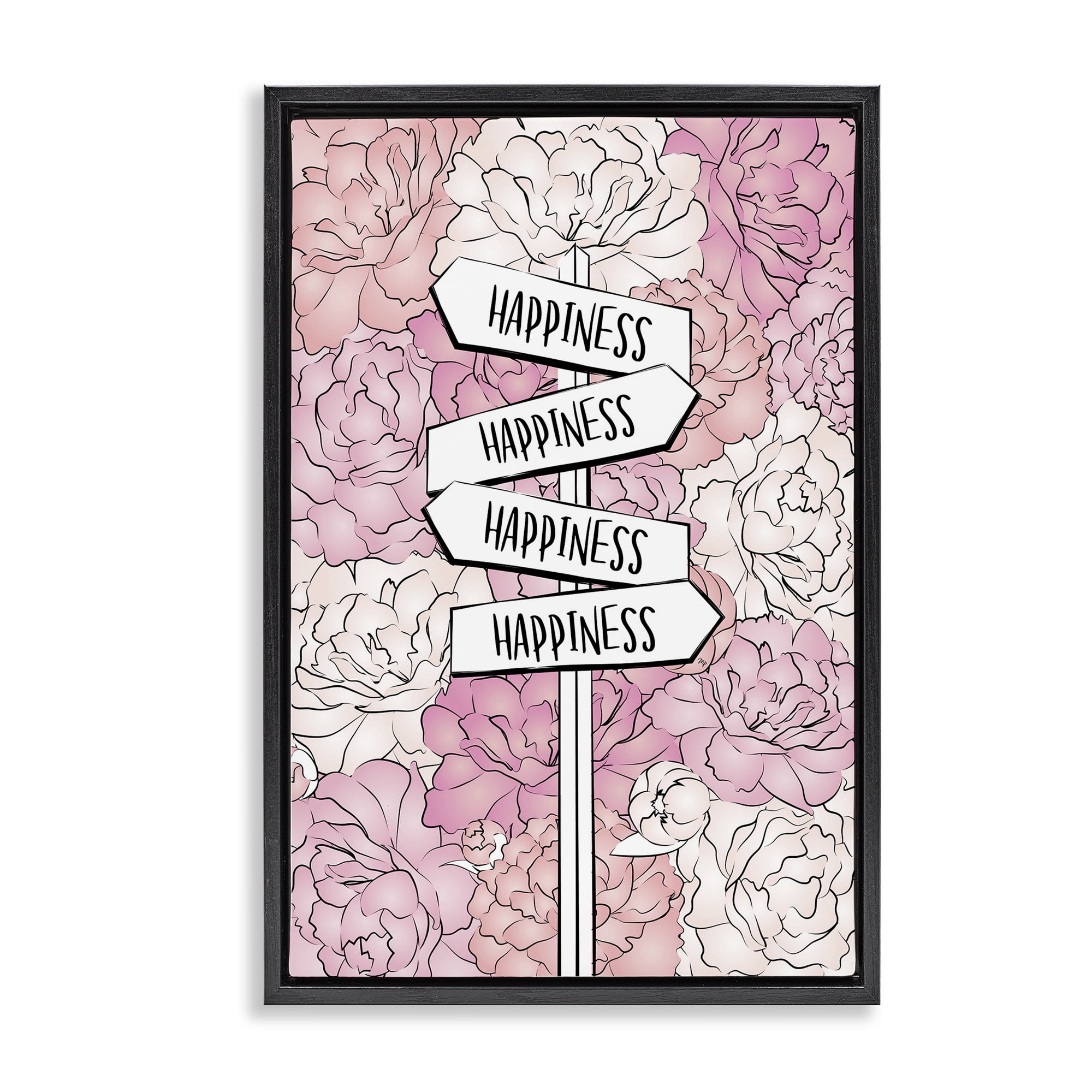 Stupell Industries Happiness Sign on Flowers Beauty & Fashion Painting Black Floater Framed Art Print Wall Art, 17 x 25
