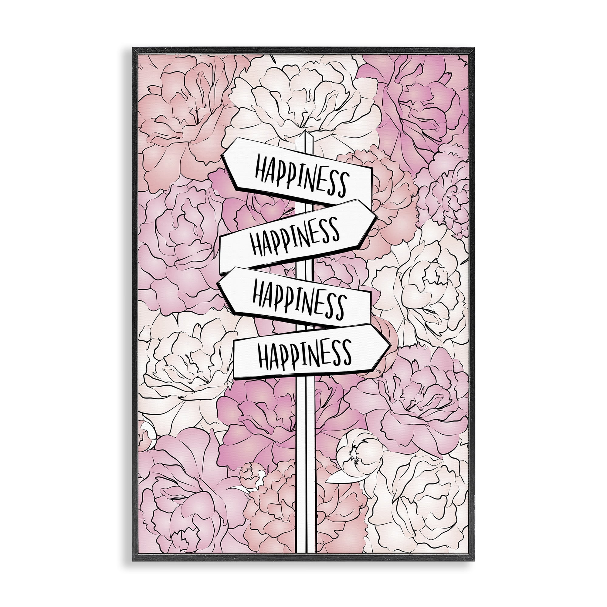Stupell Industries Happiness Sign on Flowers Beauty & Fashion Painting Black Framed Art Print Wall Art, 16 x 24